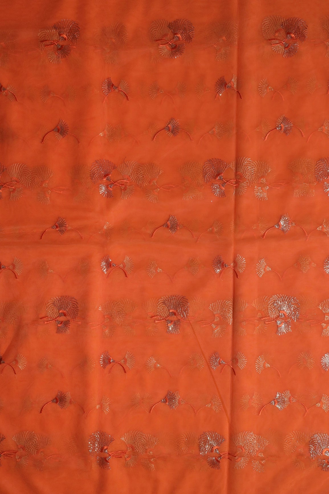 Orange Thread With Small Gold Sequins Floral Embroidery Work On Dark Orange Soft Net Fabric - doeraa