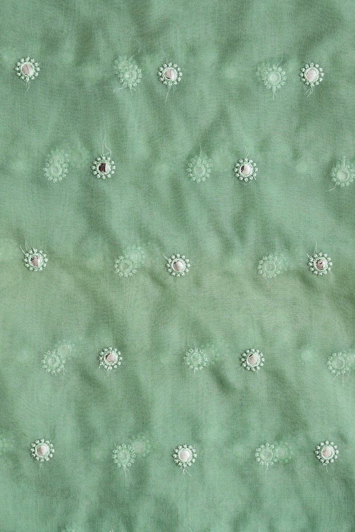 Embroidery Fabrics Organza Embroidery Fabrics Olive Thread With Foil Mirror Work Small Motif Embroidery On Olive Organza Fabric