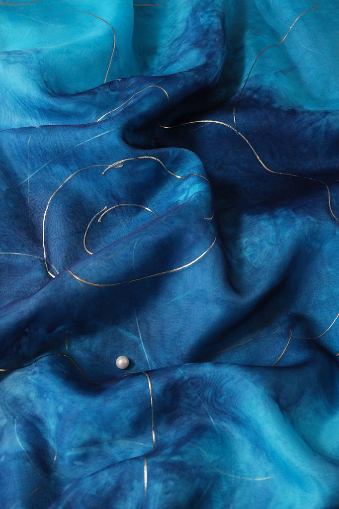 Print Fabrics Organza Print Fabrics Blue And Sky Tie & Dye Shibori Foil Print On Organza Fabric
