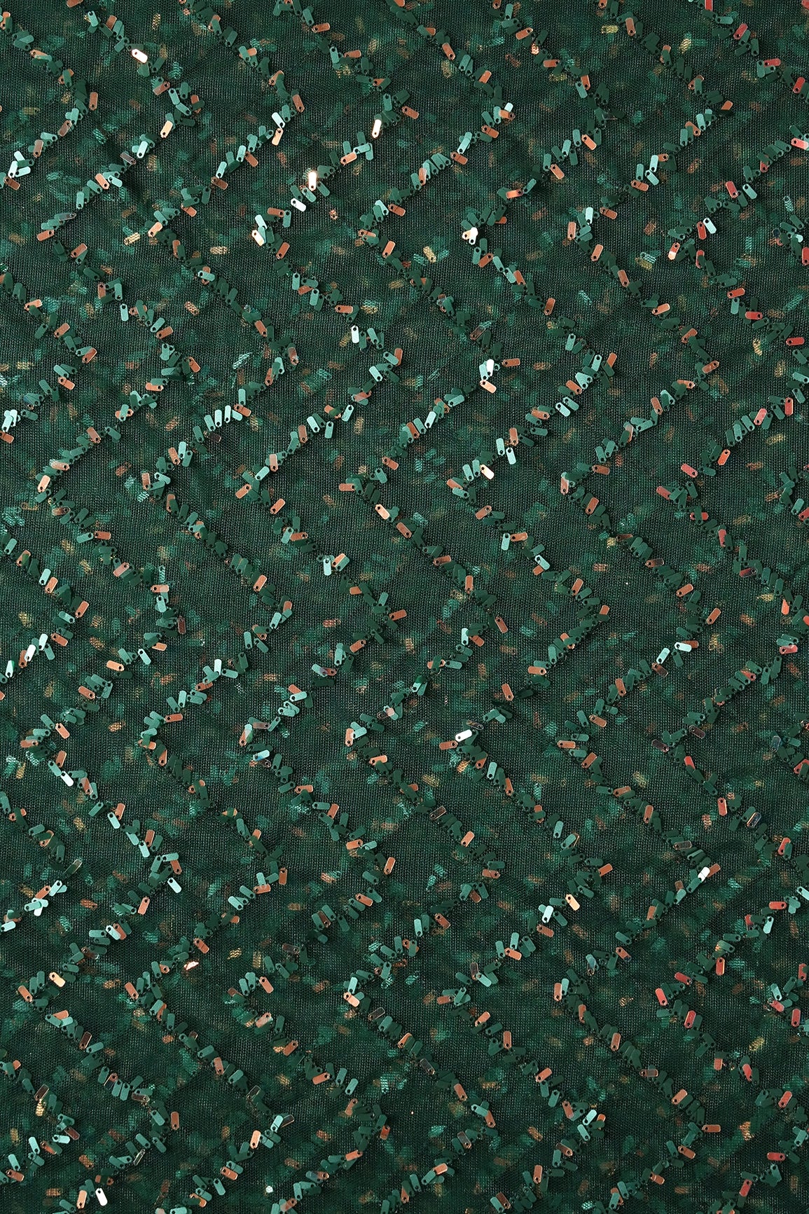 Oval Sequins Chevron Embroidery Work On Bottle Green Soft Net Fabric - doeraa