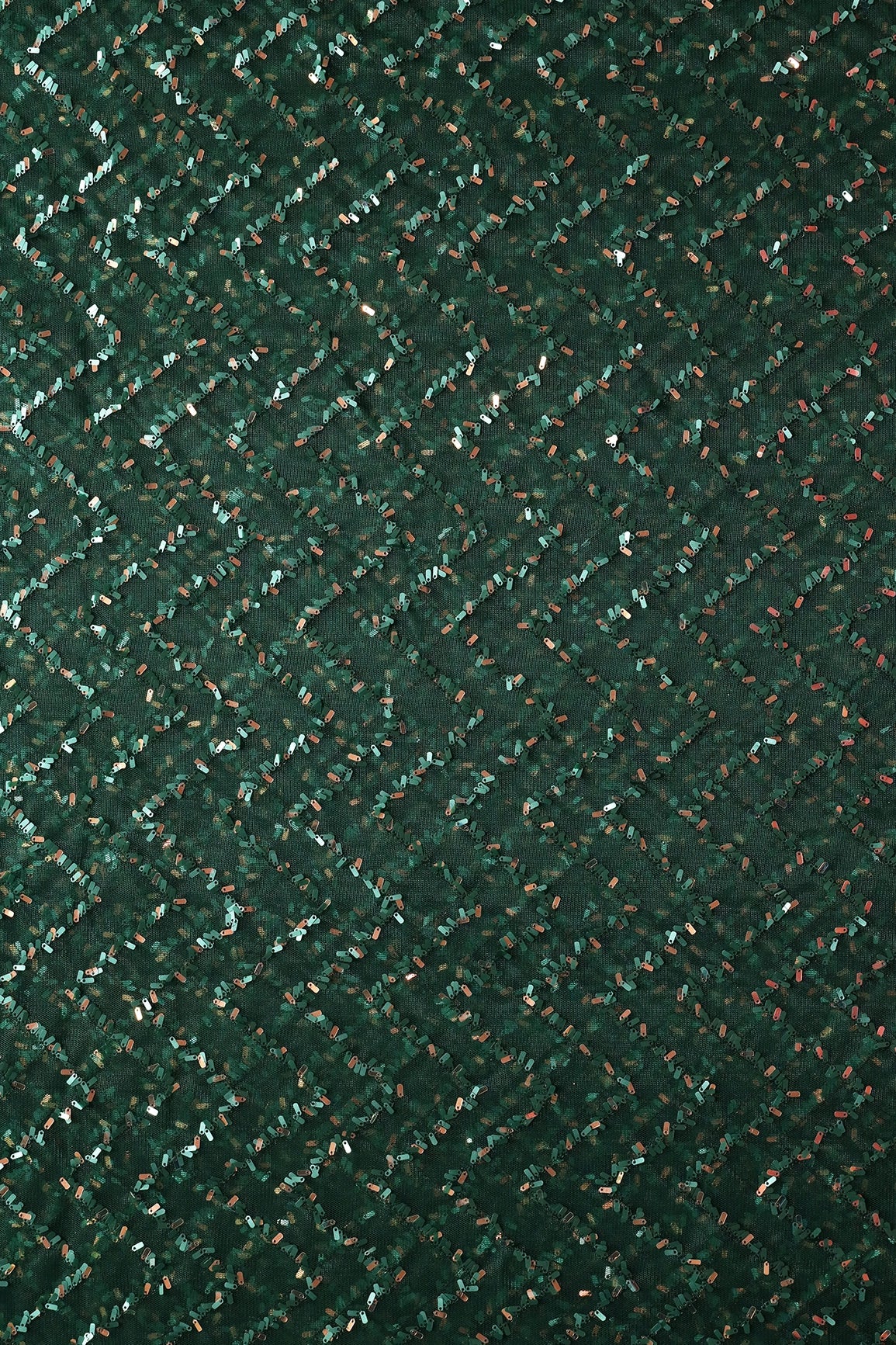 Oval Sequins Chevron Embroidery Work On Bottle Green Soft Net Fabric - doeraa