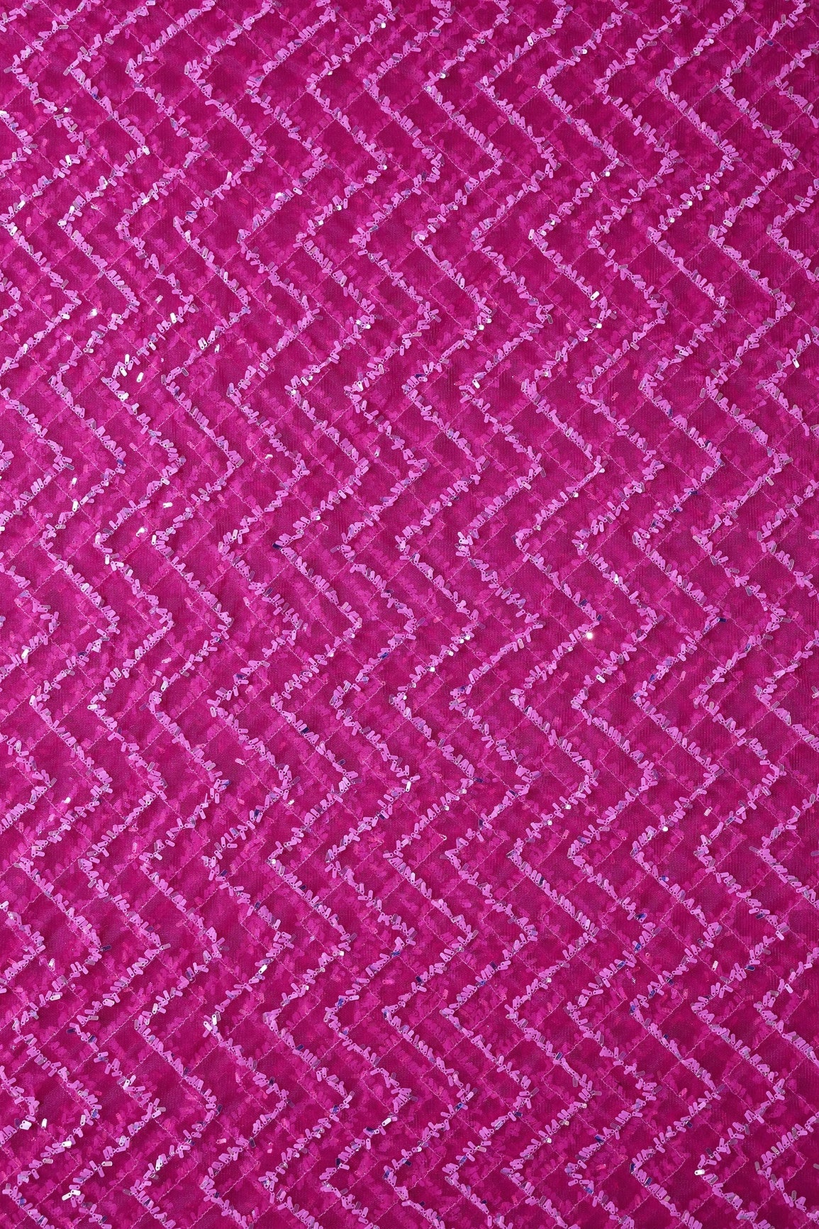 Oval Sequins Chevron Embroidery Work On Fuchsia Soft Net Fabric - doeraa