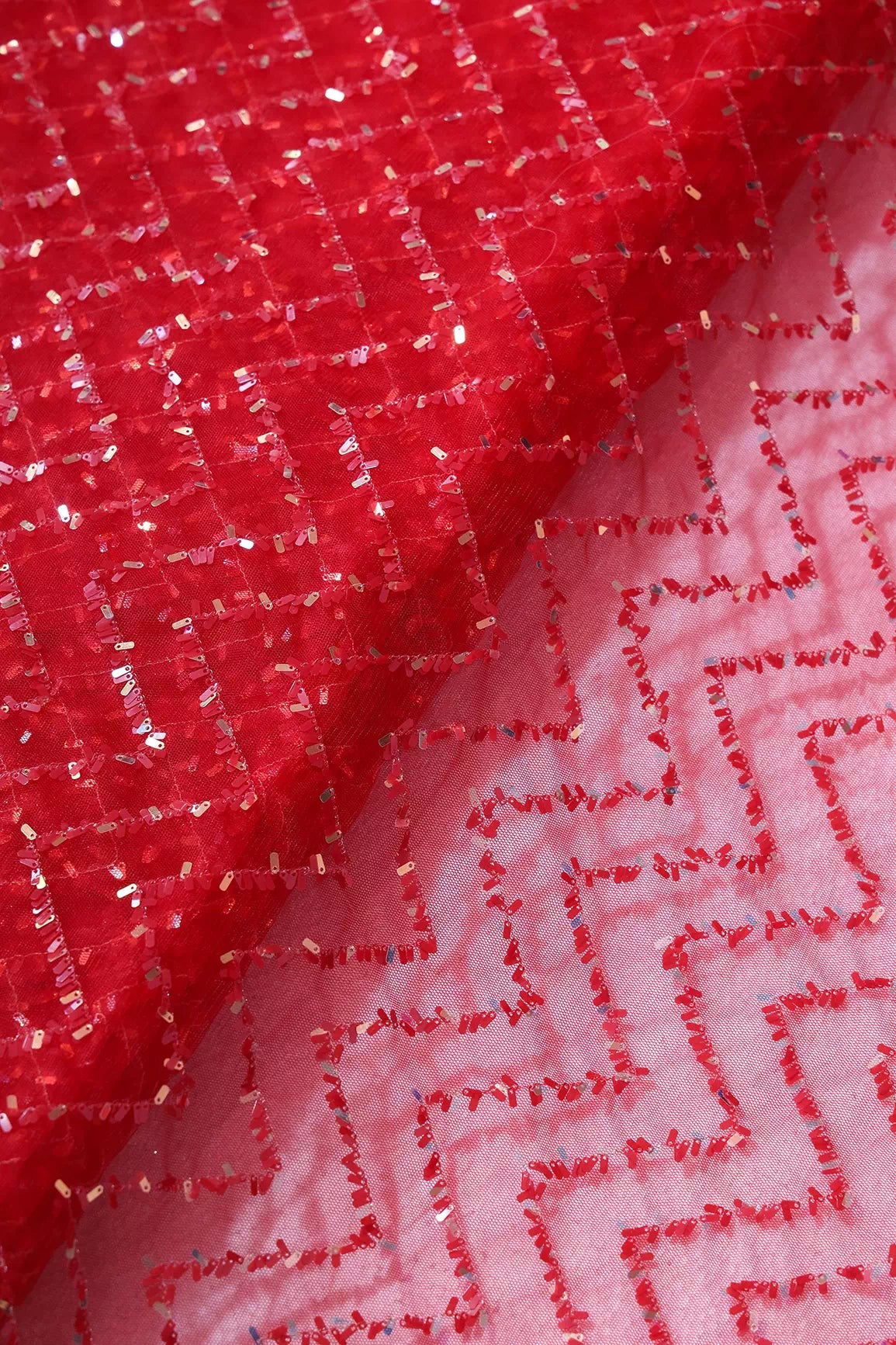 Oval Sequins Chevron Embroidery Work On Red Soft Net Fabric - doeraa