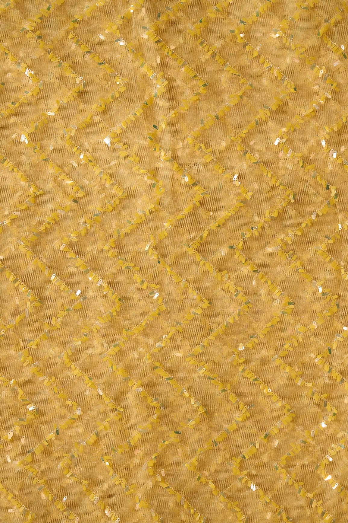 Oval Sequins Chevron Embroidery Work On Yellow Soft Net Fabric