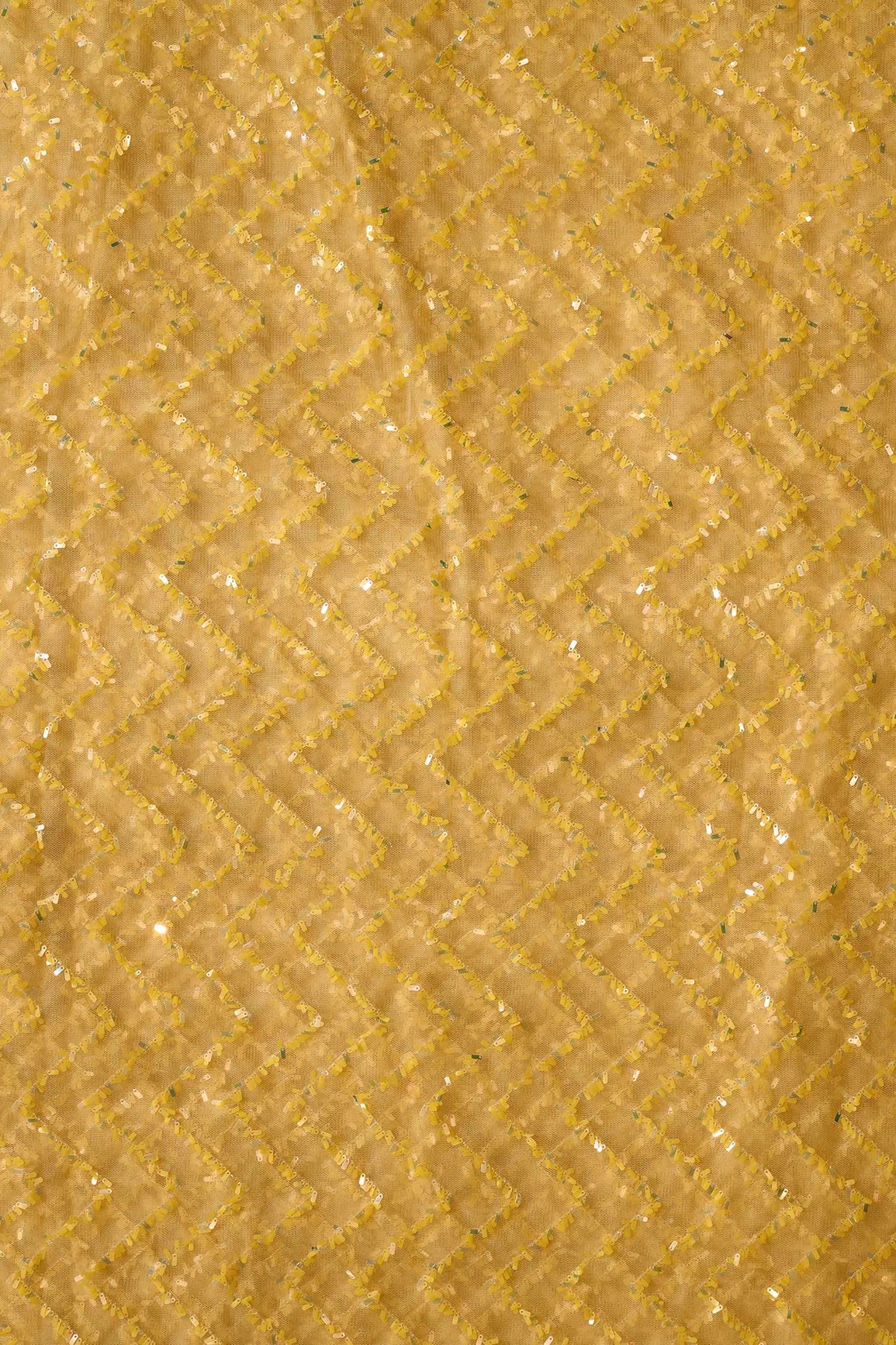 Oval Sequins Chevron Embroidery Work On Yellow Soft Net Fabric - doeraa