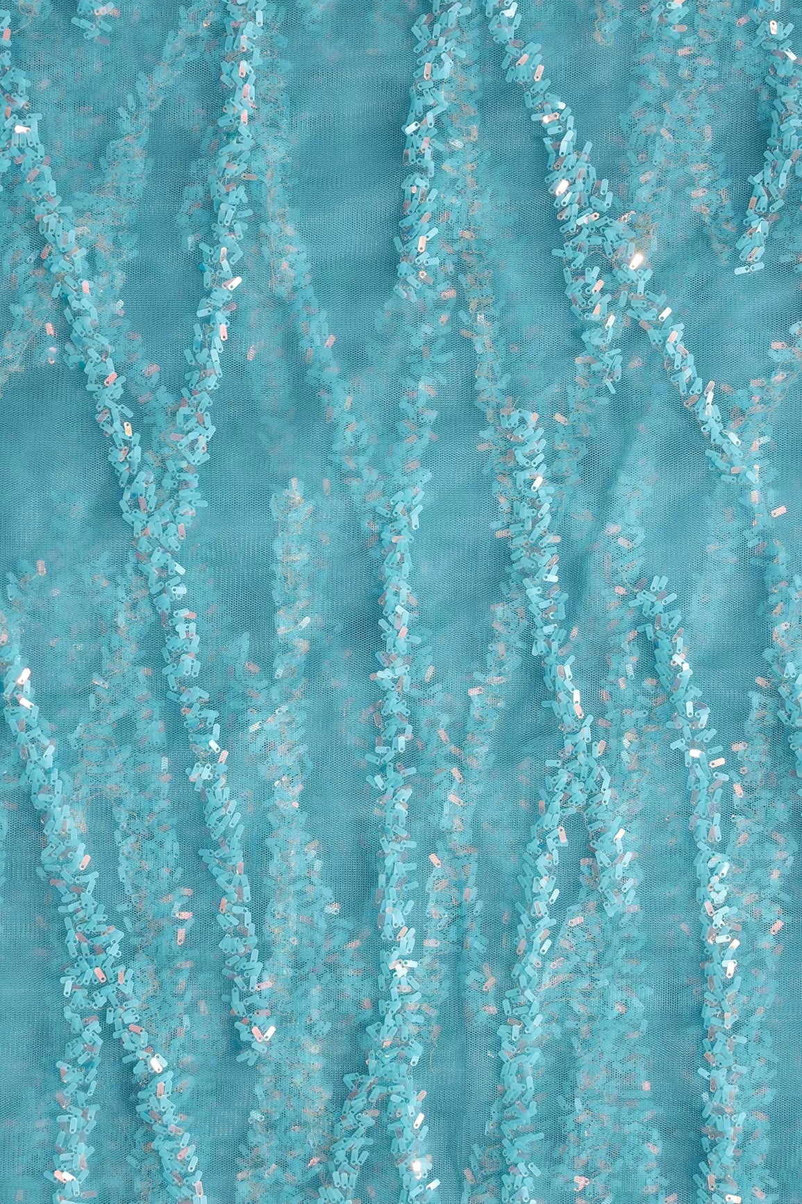 Oval Sequins Geometric Embroidery Work On Sky Blue Soft Net Fabric - doeraa