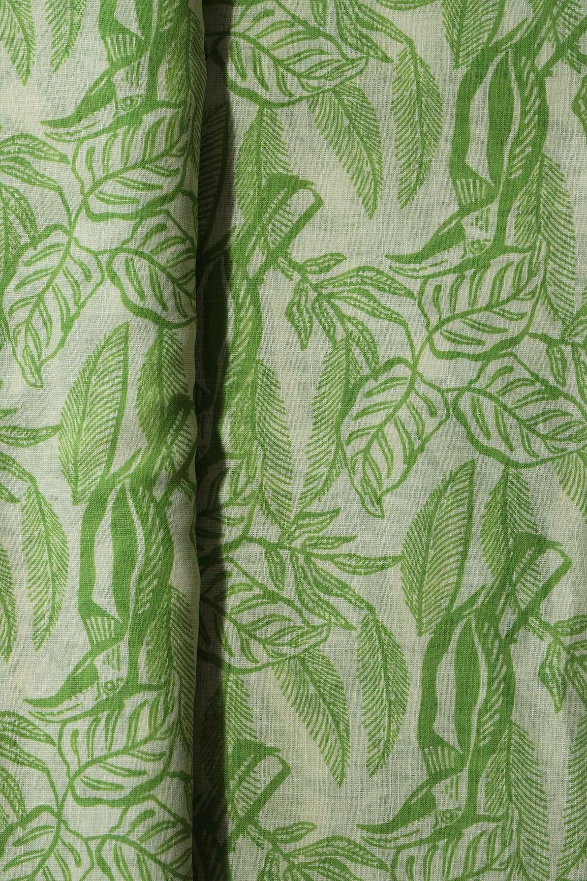 Parrot And Off White Leafy Digital Print On Poly Linen Fabric - doeraa