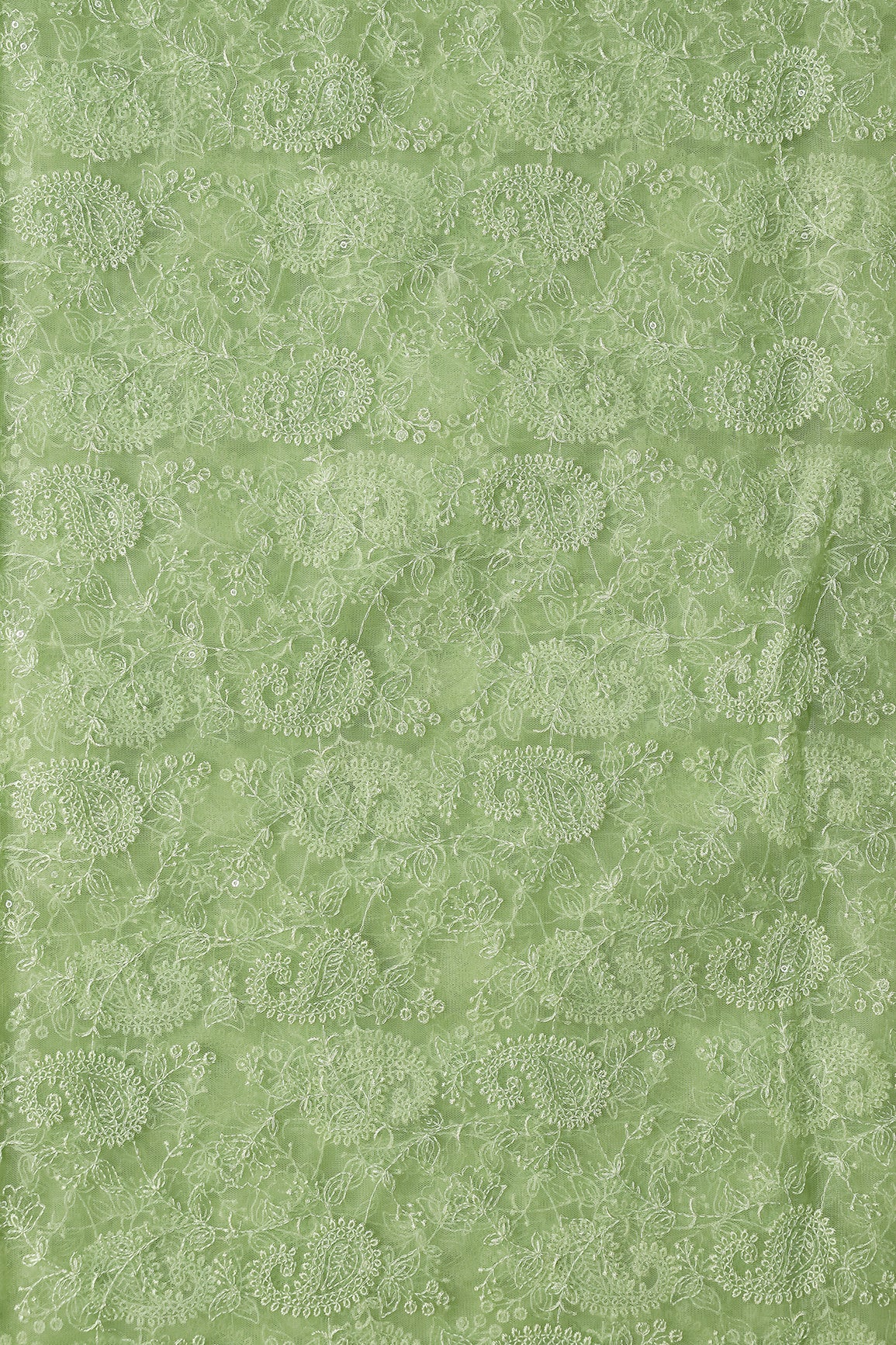 Parrot Green Thread With Water Sequins Floral Paisley Embroidery Work On Parrot Green Soft Net Fabric - doeraa