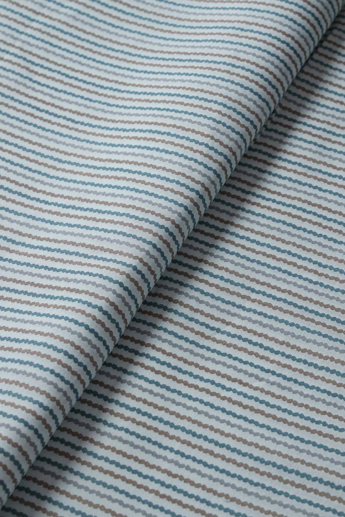 Pastel Blue And Brown Stripes Print On Viscose Chanderi Silk Fabric - doeraa