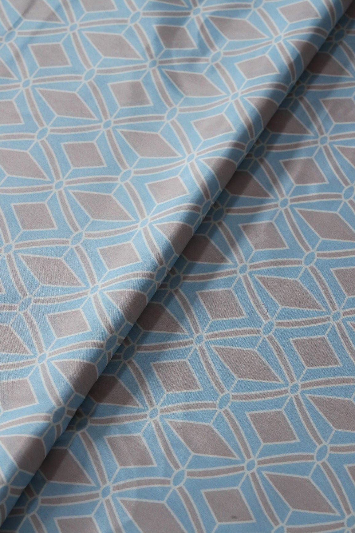 Pastel Blue And Light Grey Ikat Pattern Digital Print On French Crepe Fabric - doeraa