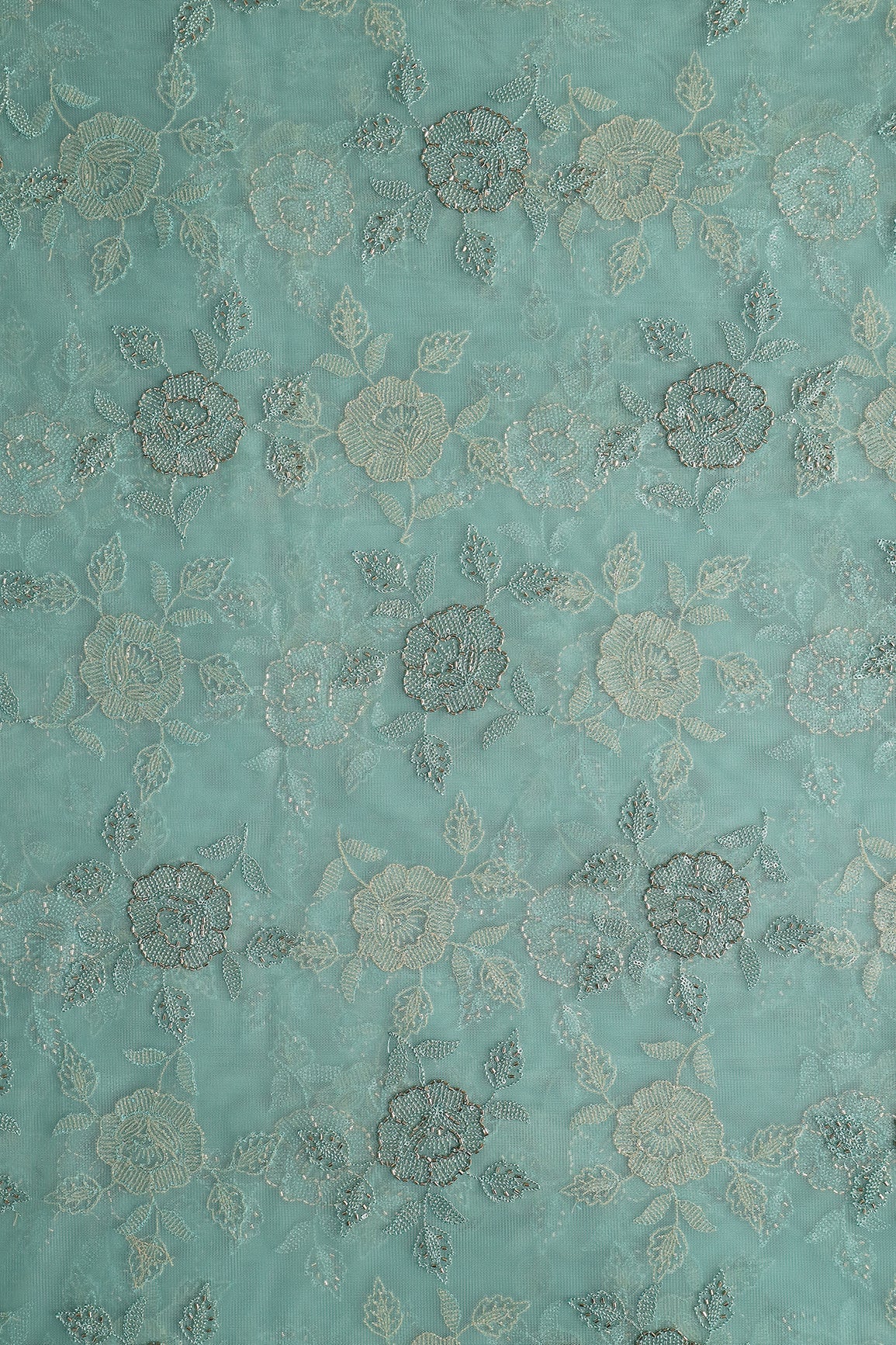 Pastel Blue Thread & Beads With Water Sequins Floral Embroidery Work On Pastel Blue Soft Net Fabric - doeraa