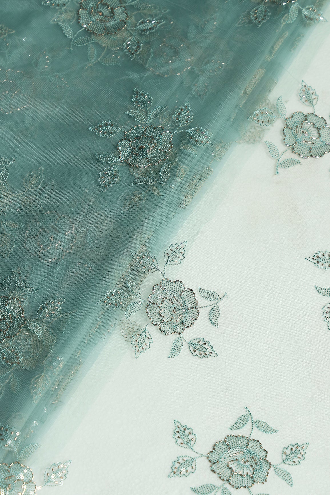 Pastel Blue Thread & Beads With Water Sequins Floral Embroidery Work On Pastel Blue Soft Net Fabric - doeraa