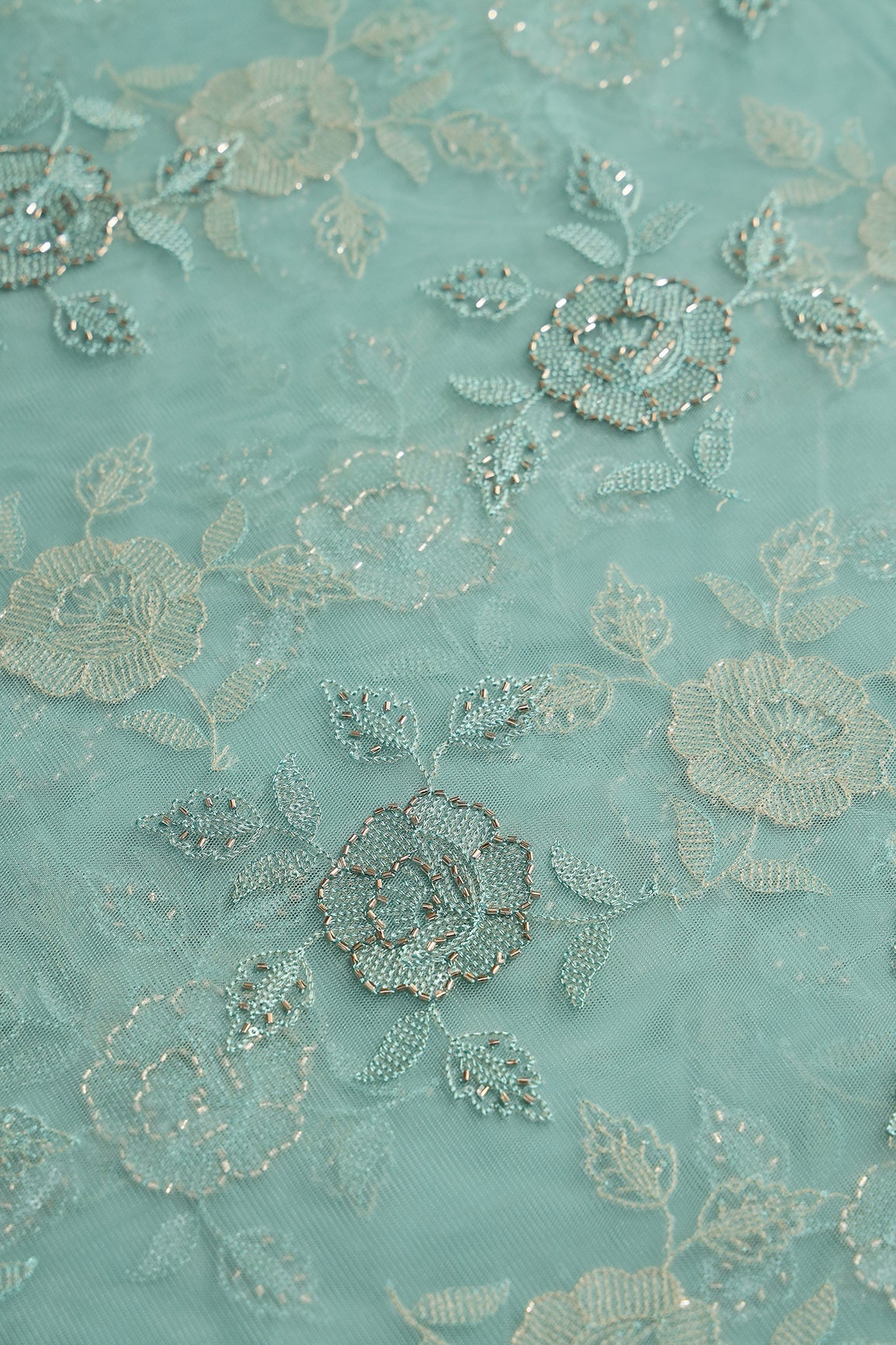 Pastel Blue Thread & Beads With Water Sequins Floral Embroidery Work On Pastel Blue Soft Net Fabric - doeraa
