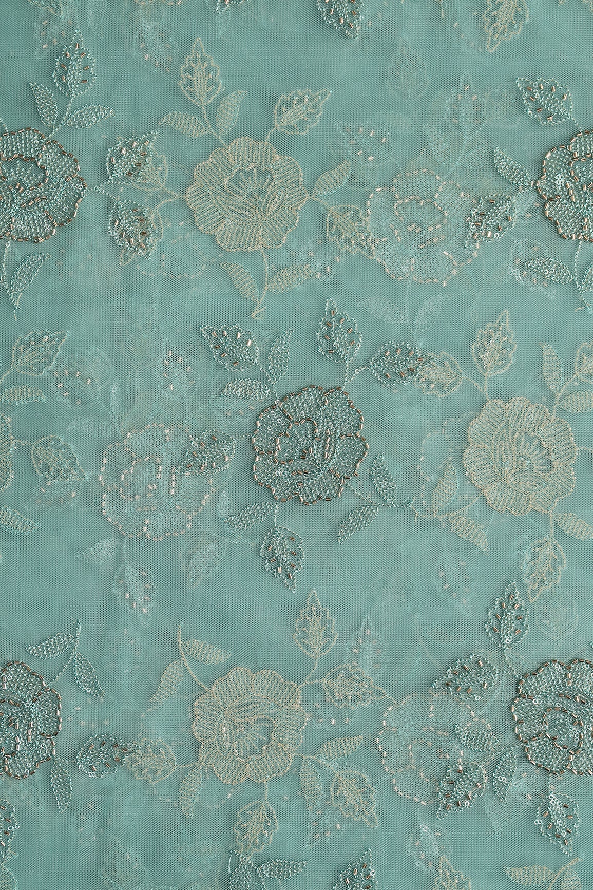 Pastel Blue Thread & Beads With Water Sequins Floral Embroidery Work On Pastel Blue Soft Net Fabric - doeraa