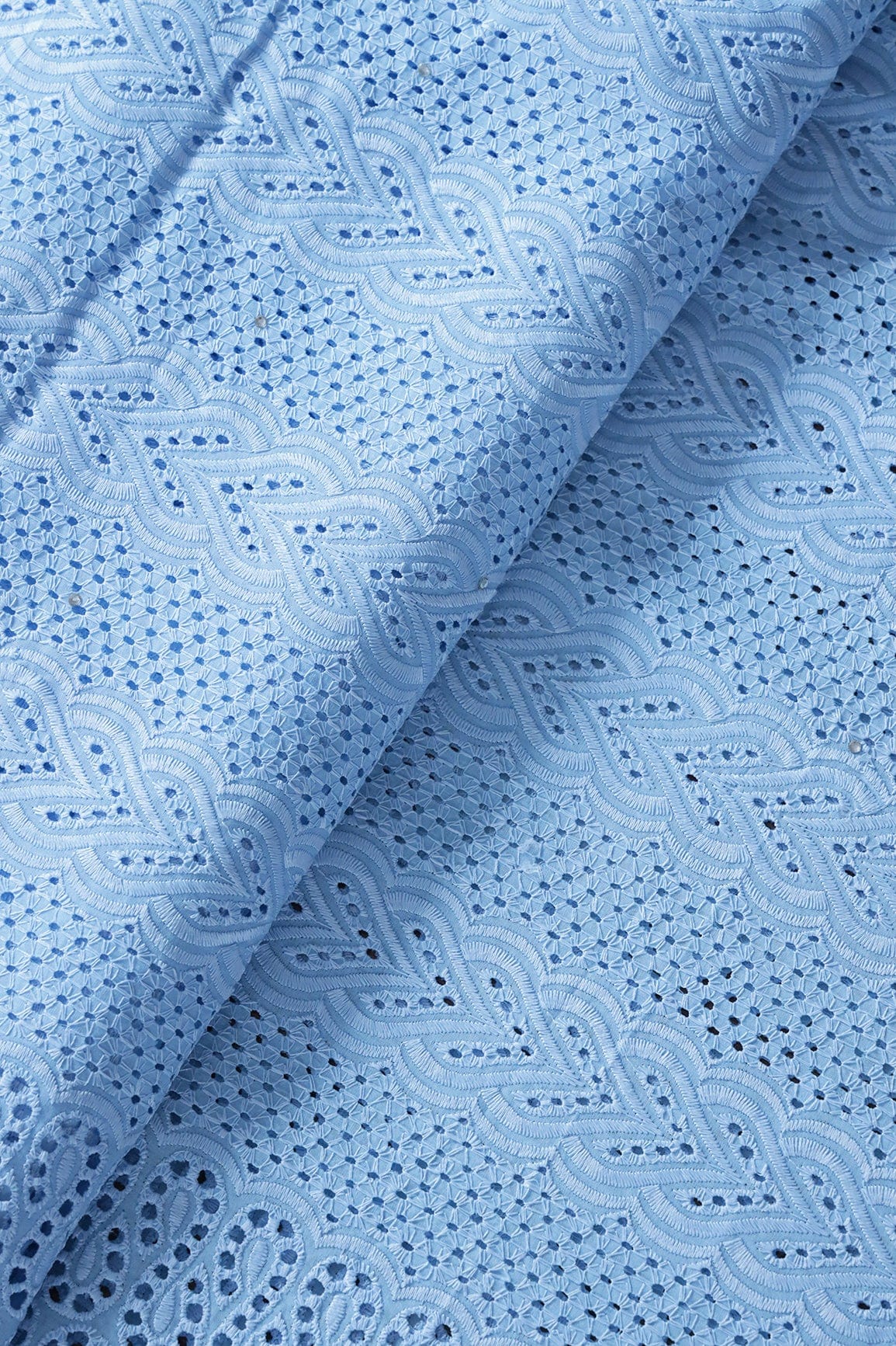 Pastel Blue Thread Geometric Pattern Schiffli Embroidery Work On Pastel Blue Pure Cotton Cambric Fabric - doeraa