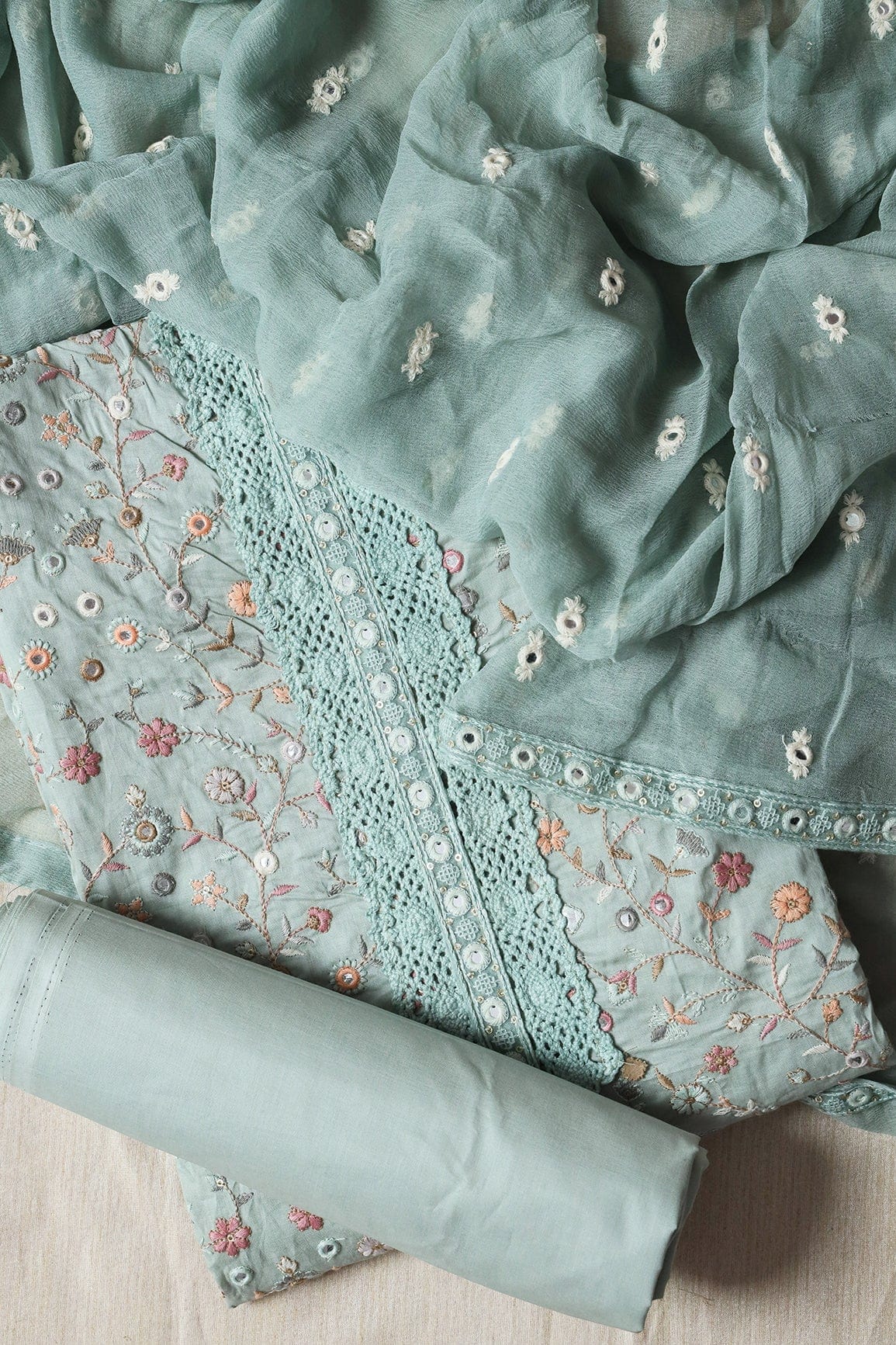 Pastel Olive Semi Stitched Pure Cotton Suit Set (3 piece) - doeraa