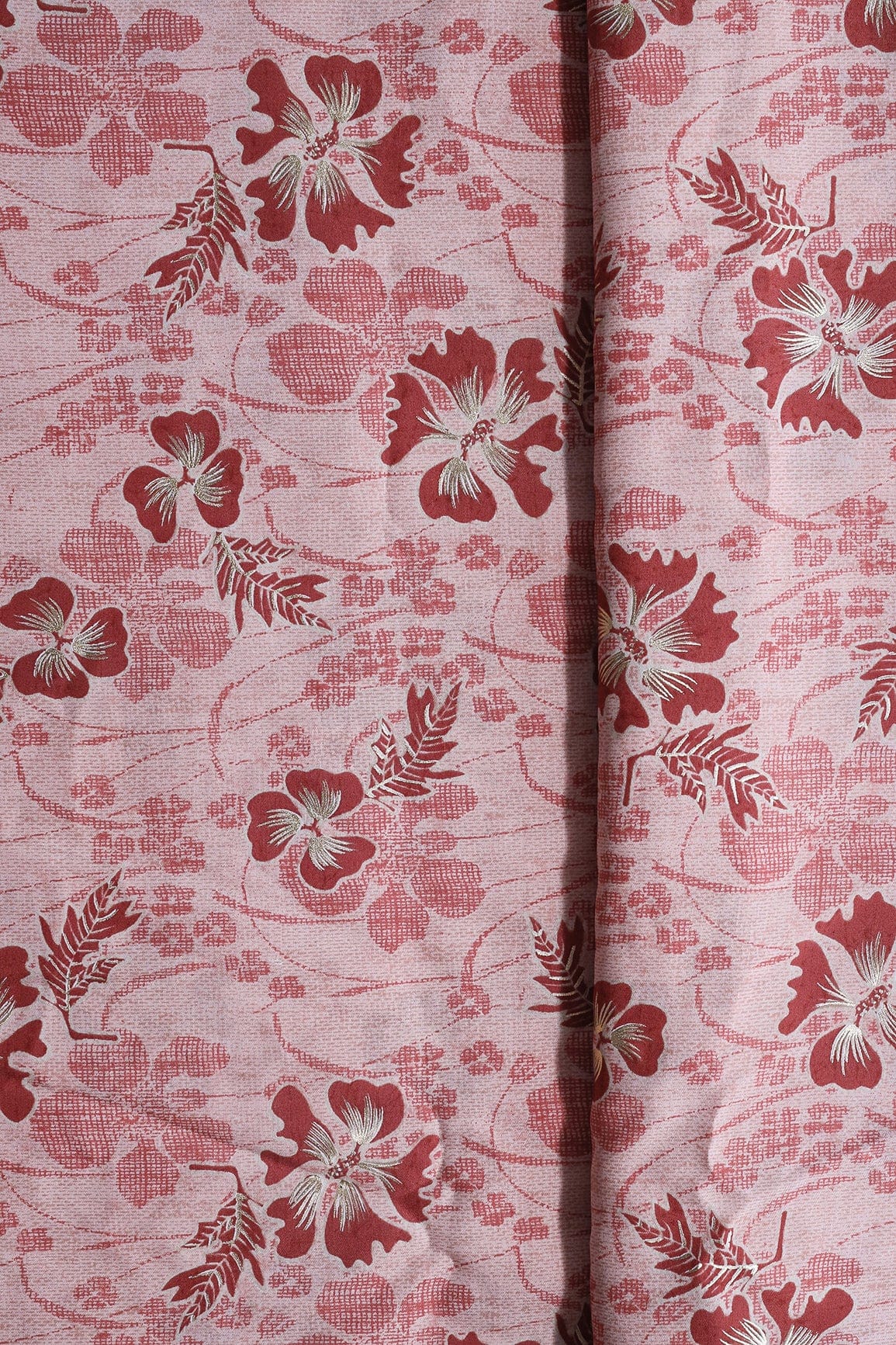 Pastel Pink And Brick Red Floral Foil Print On Viscose Chanderi Silk Fabric - doeraa