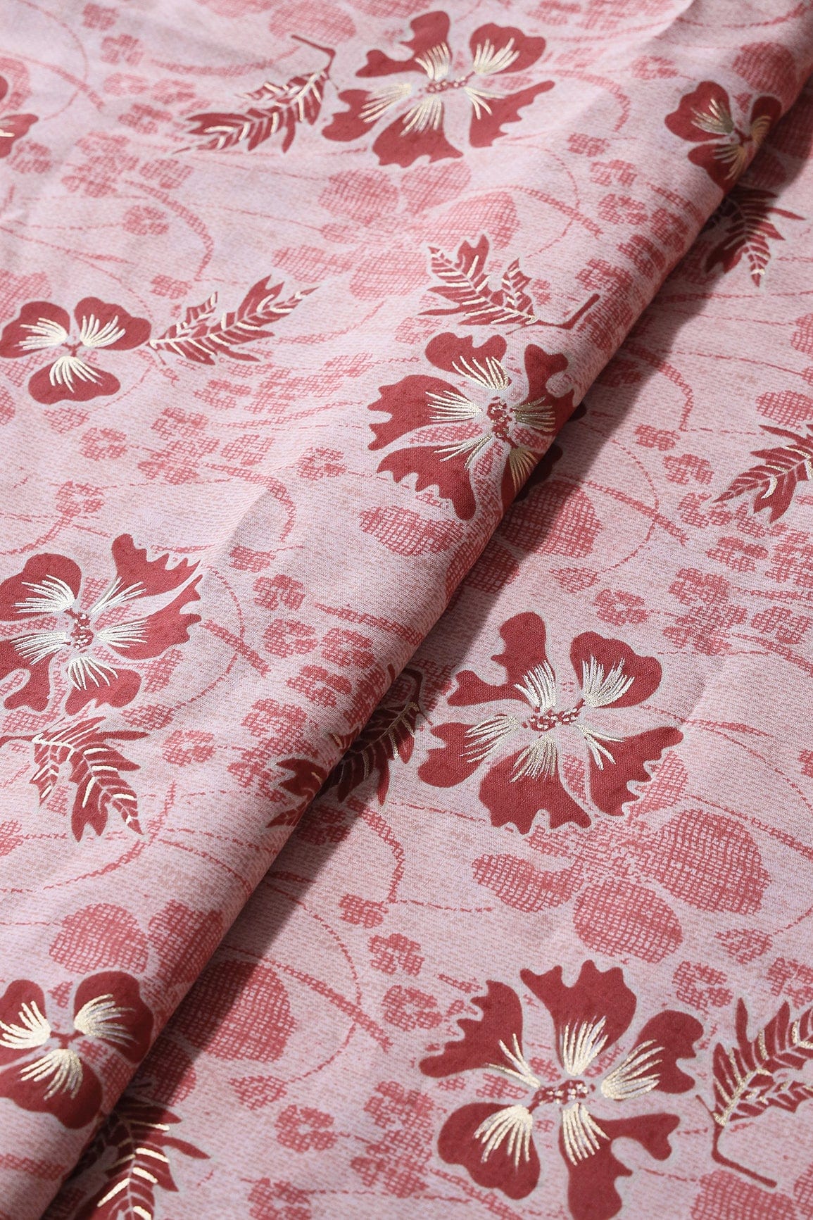 Pastel Pink And Brick Red Floral Foil Print On Viscose Chanderi Silk Fabric - doeraa