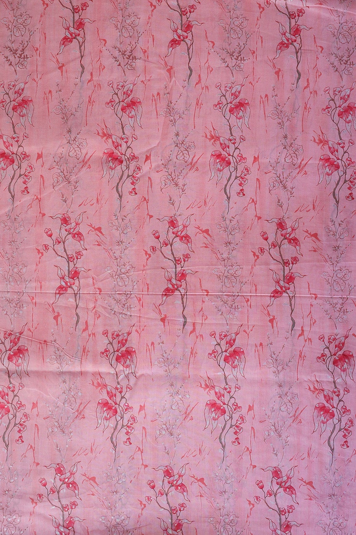 Pastel Pink And Brown Foil Floral Print On Pure Mul Cotton Fabric - doeraa