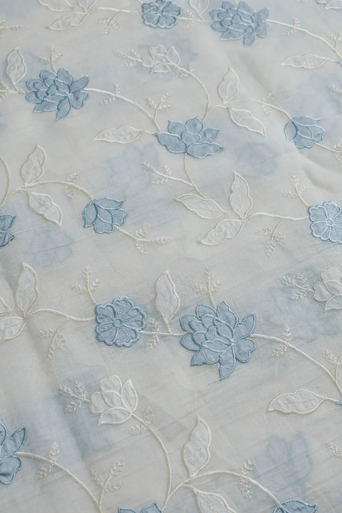 Pastel Sky Blue Thread Elegant Floral Embroidery Work On Off White Pure Mul Chanderi Silk Fabric - doeraa