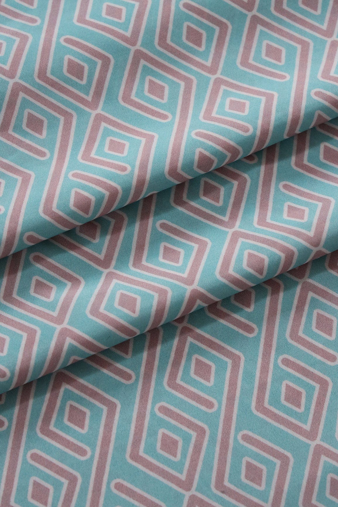 Pastel Teal And Mauve Geometric Pattern Digital Print On French Crepe Fabric - doeraa