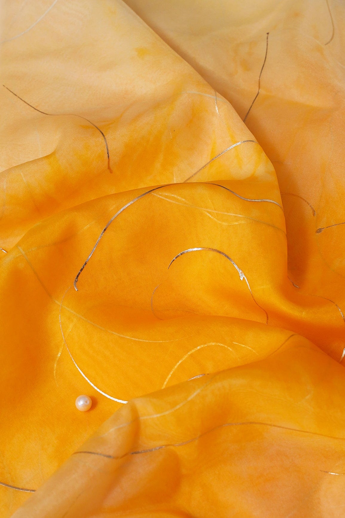 Pastel Yellow Tie & Dye Shibori Foil Print On Organza Fabric - doeraa
