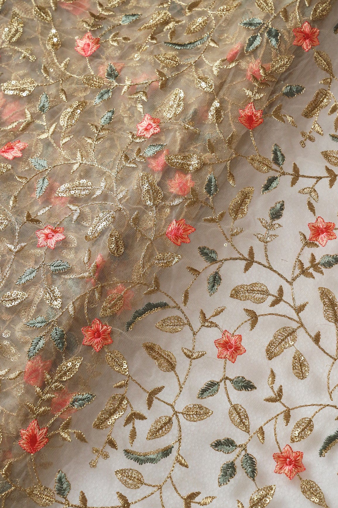 Peach And Beige Thread With Gold Sequins Floral Heavy Embroidery Work On Beige Soft Net Fabric - doeraa