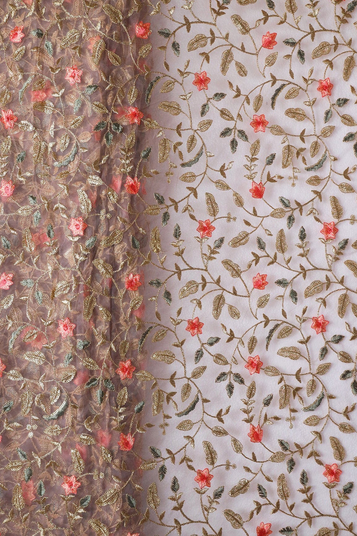 Peach And Beige Thread With Gold Sequins Floral Heavy Embroidery Work On Mauve Soft Net Fabric - doeraa