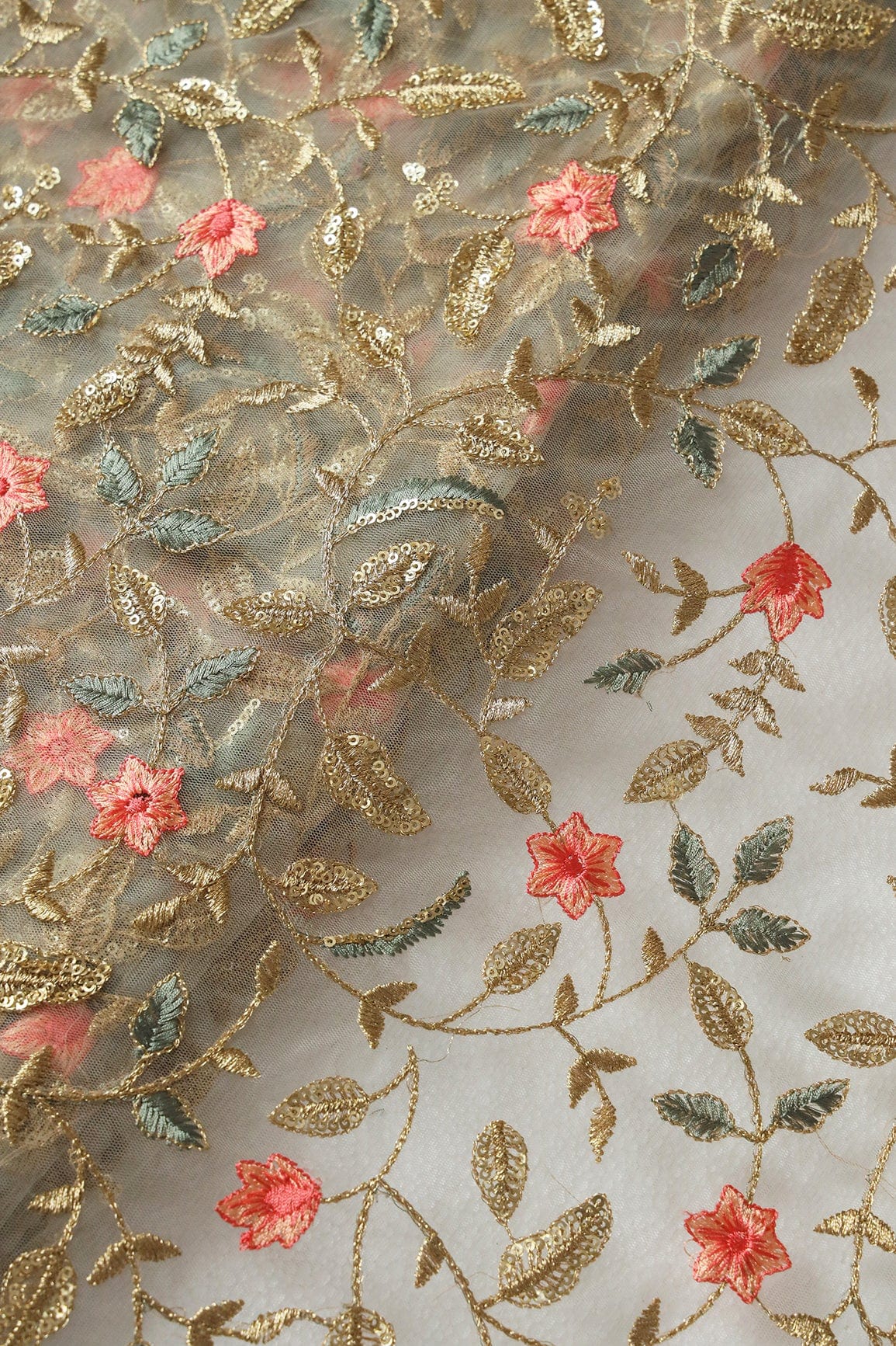 Peach And Beige Thread With Gold Sequins Floral Heavy Embroidery Work On Olive Soft Net Fabric - doeraa