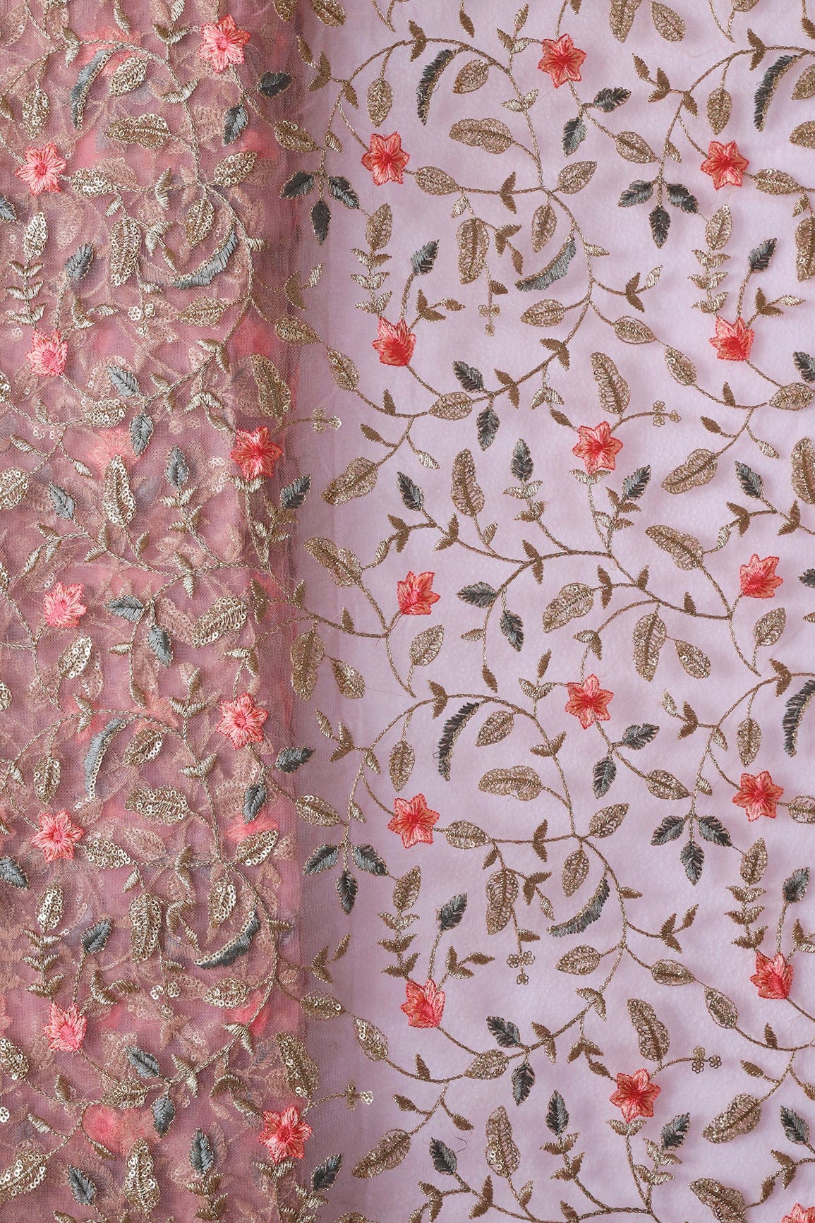 Peach And Beige Thread With Gold Sequins Floral Heavy Embroidery Work On Pink Soft Net Fabric - doeraa