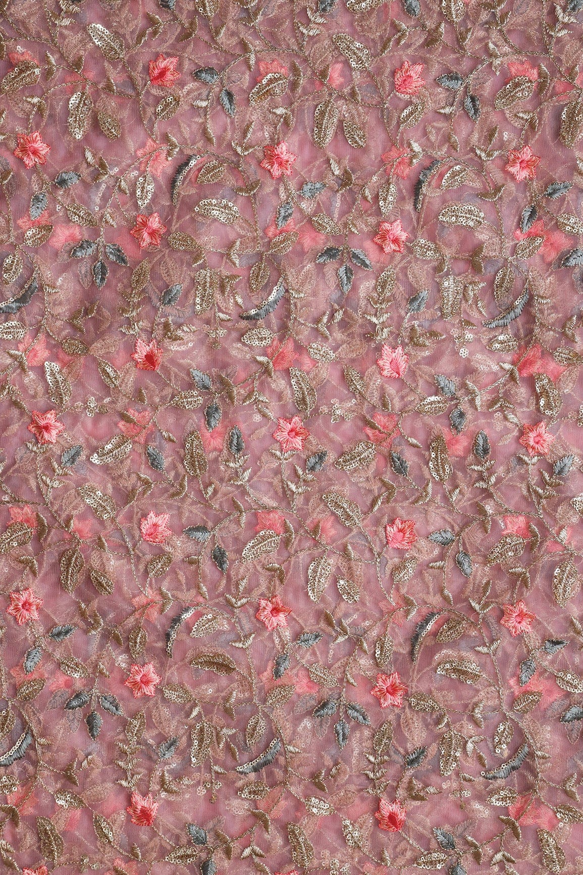 Peach And Beige Thread With Gold Sequins Floral Heavy Embroidery Work On Pink Soft Net Fabric - doeraa