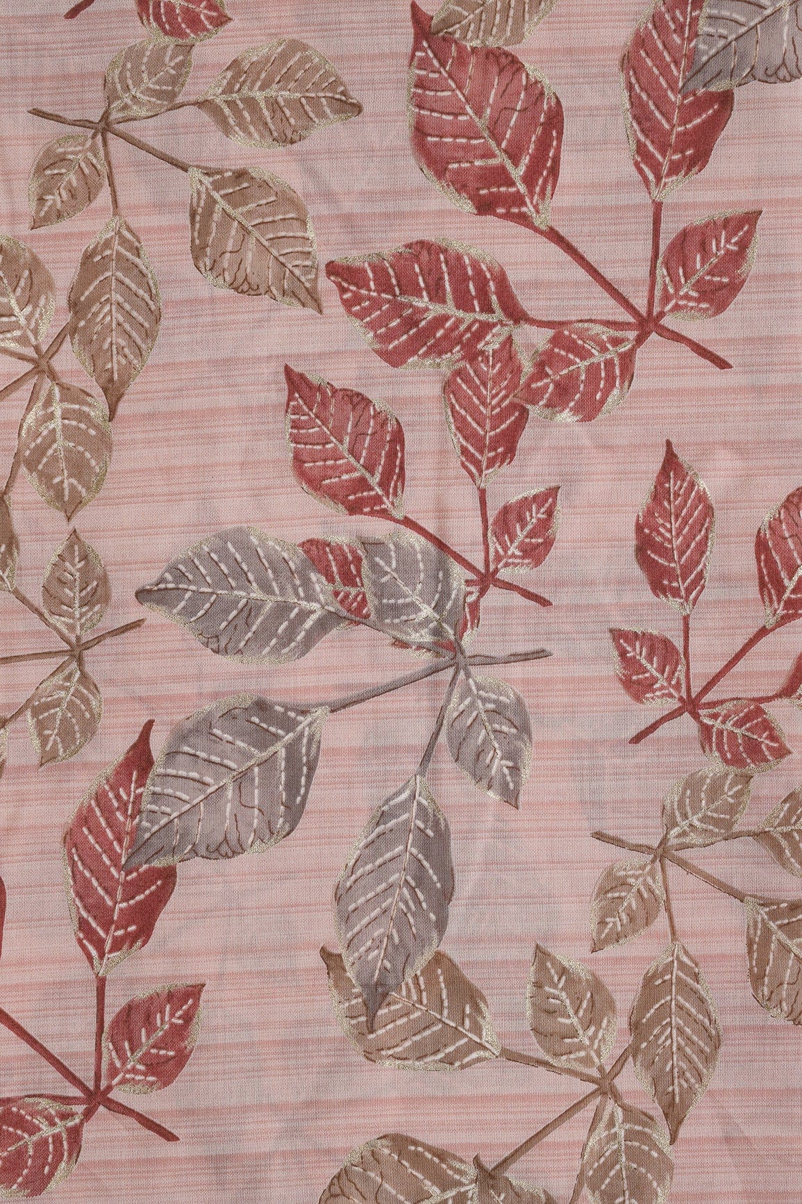 Peach And Brown Leafy Foil Print On Viscose Chanderi Silk Fabric - doeraa