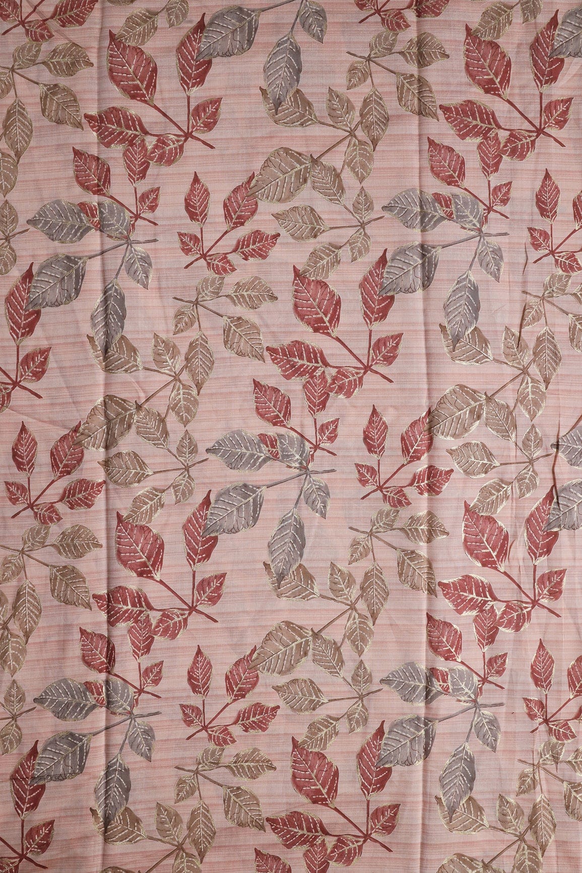 Peach And Brown Leafy Foil Print On Viscose Chanderi Silk Fabric - doeraa