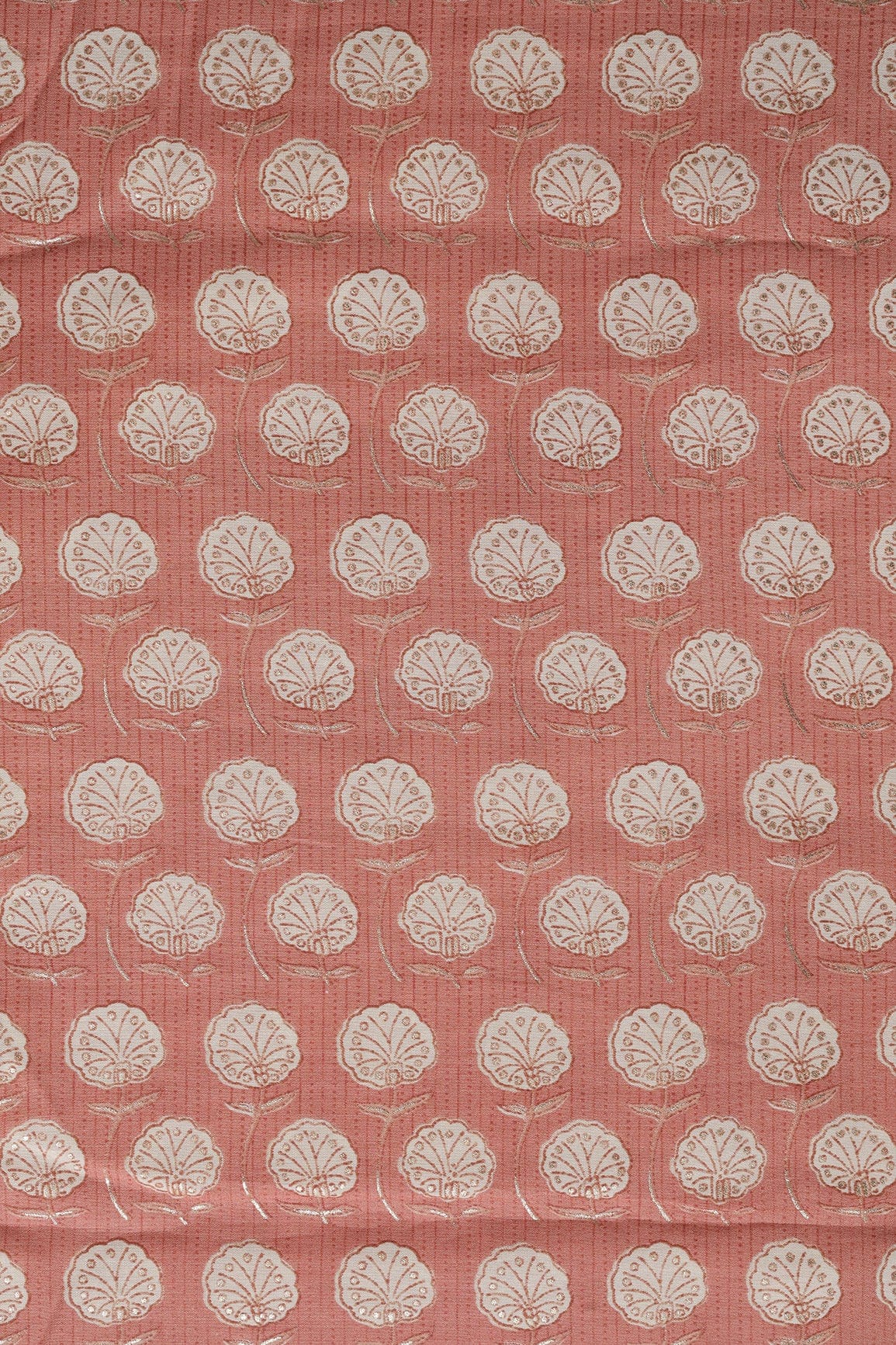 Peach And Cream Floral Foil Print On Viscose Chanderi Silk Fabric - doeraa