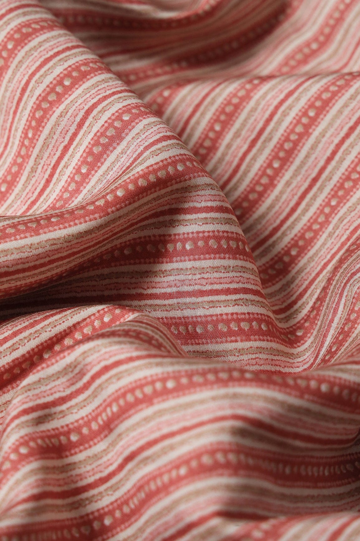 Peach And Cream Stripes Print On Viscose Chanderi Silk Fabric - doeraa