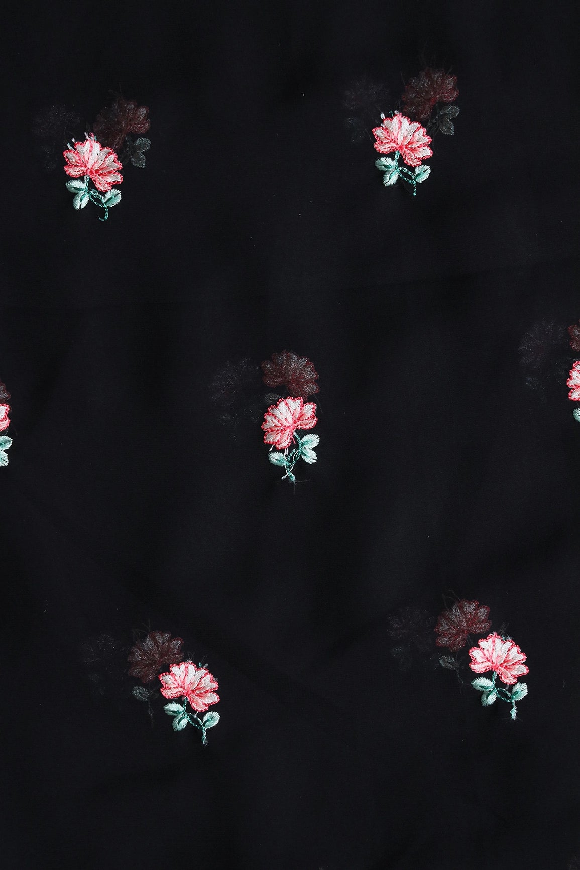 Peach And Green Small Floral Booti Embroidery On Black Georgette Fabric - doeraa