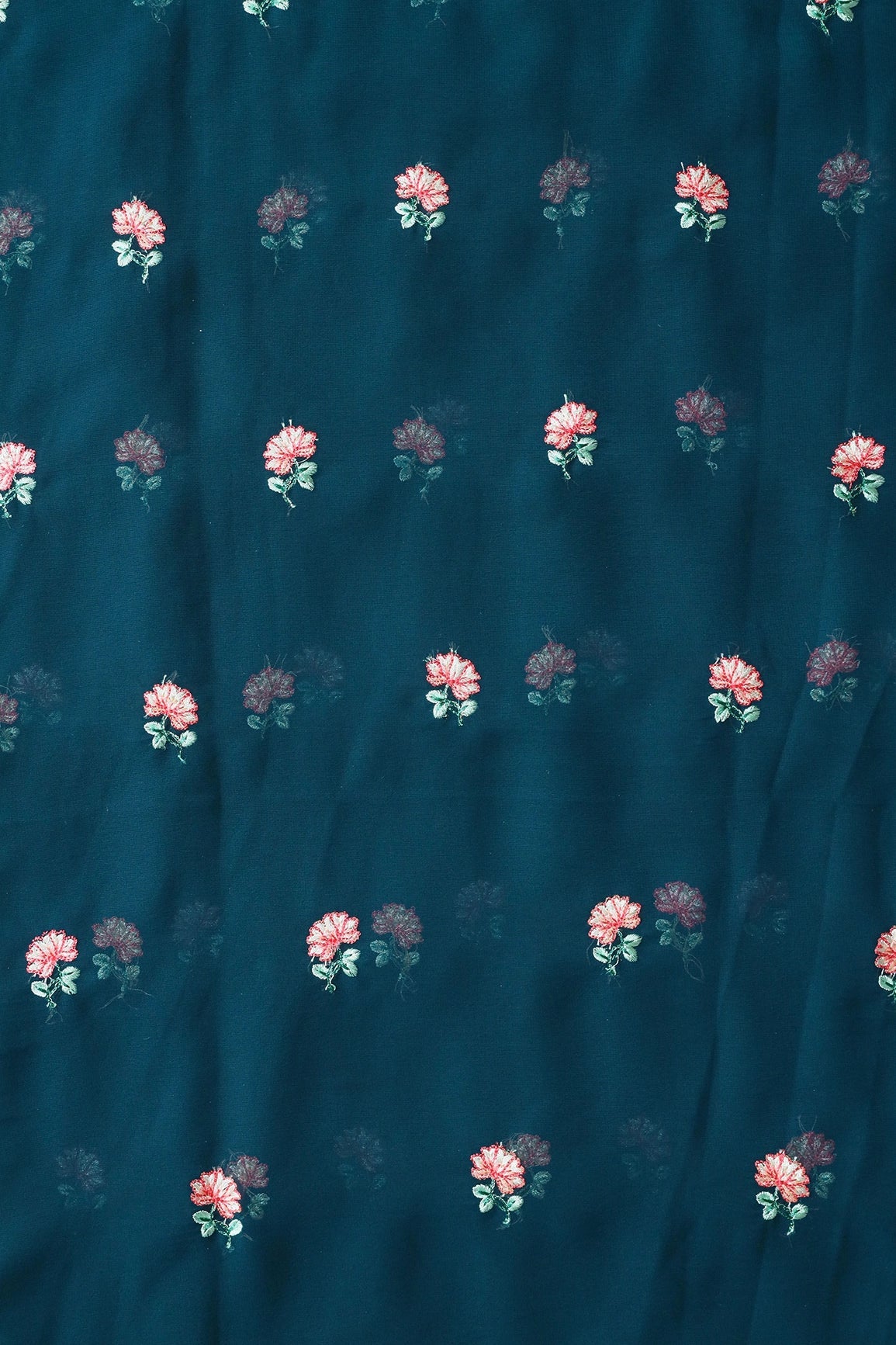 Peach And Green Small Floral Booti Embroidery On Prussian Blue Georgette Fabric - doeraa