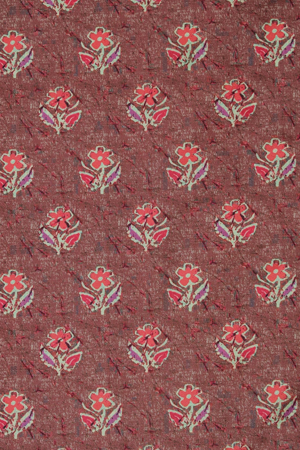 Peach And Pink Floral Pattern Digital Print On Brown French Crepe Fabric - doeraa