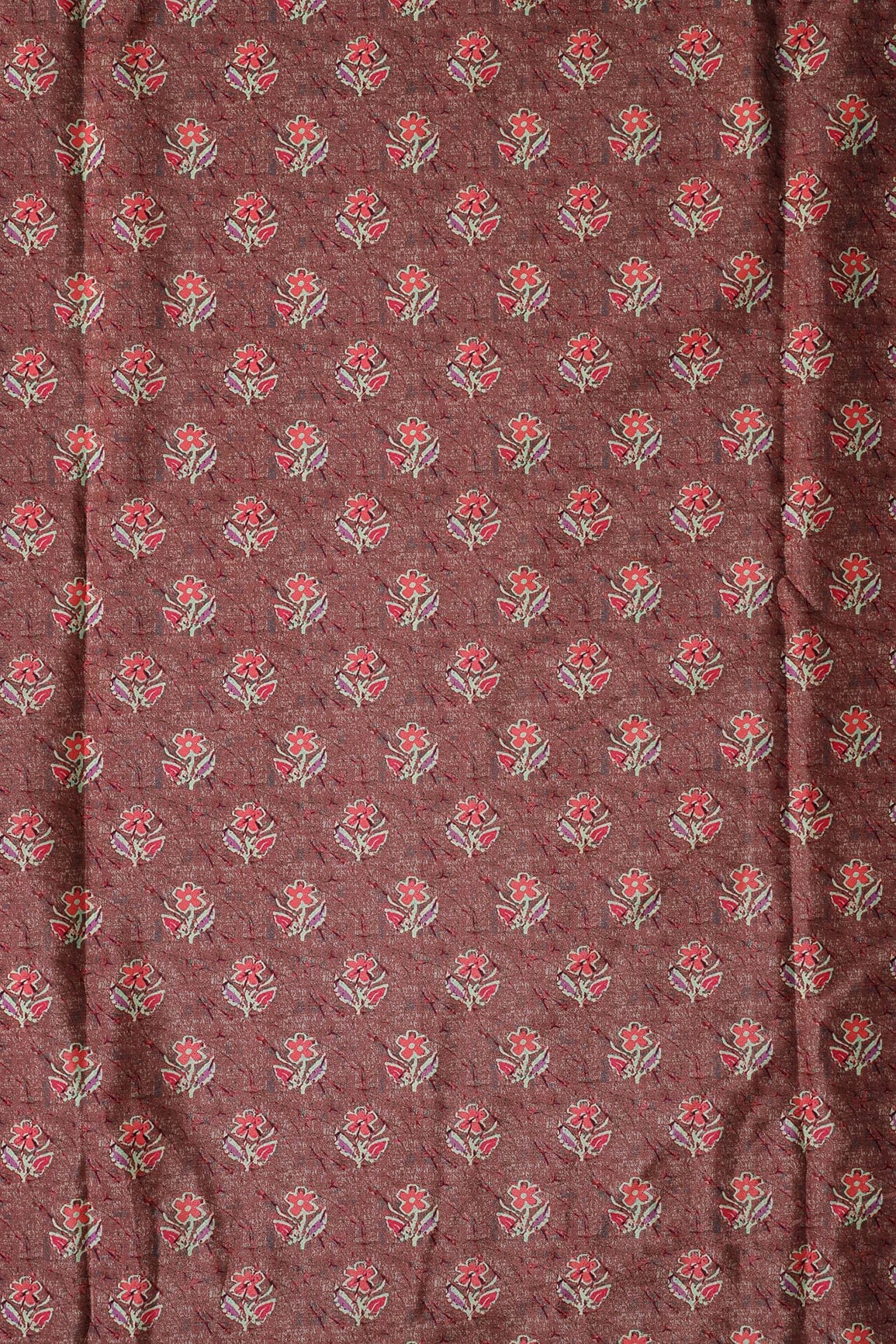 Peach And Pink Floral Pattern Digital Print On Brown French Crepe Fabric - doeraa