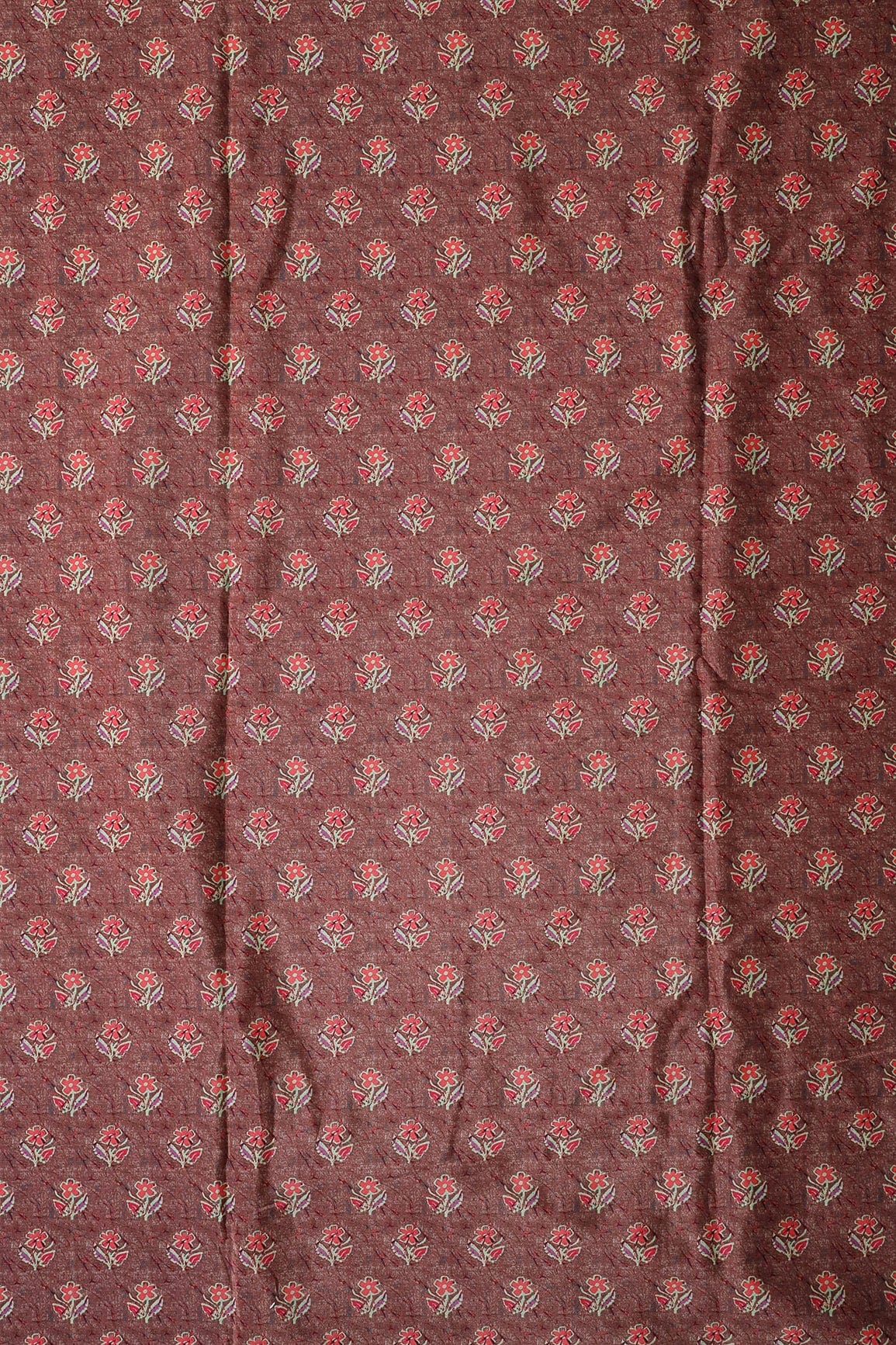 Peach And Pink Floral Pattern Digital Print On Brown French Crepe Fabric - doeraa