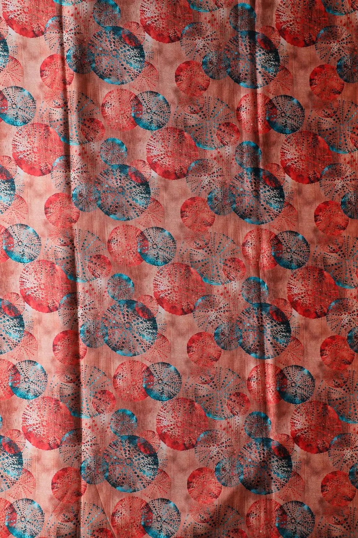 Peach And Turquoise Geometric Pattern Digital Print On Satin Fabric - doeraa