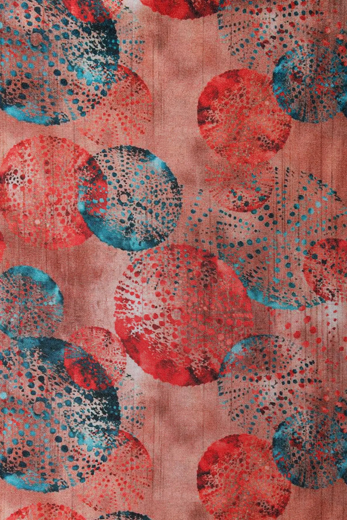 Peach And Turquoise Geometric Pattern Digital Print On Satin Fabric - doeraa