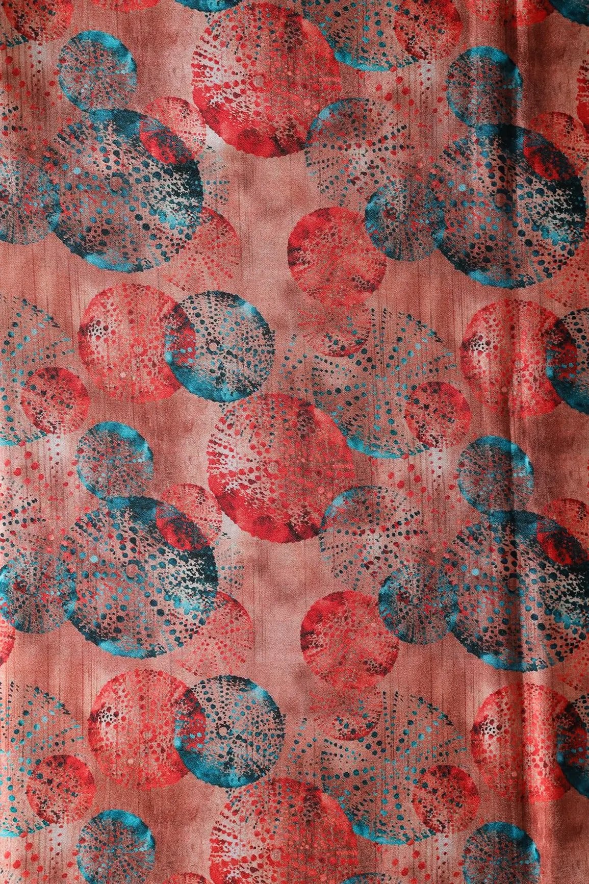Peach And Turquoise Geometric Pattern Digital Print On Satin Fabric - doeraa
