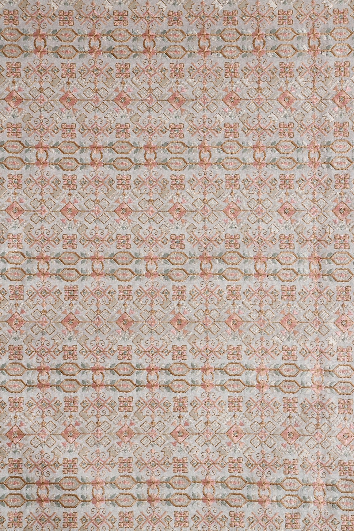 Peach And White Thread With Gold Zari Traditional Embroidery On Off White Raw Silk Fabric - doeraa