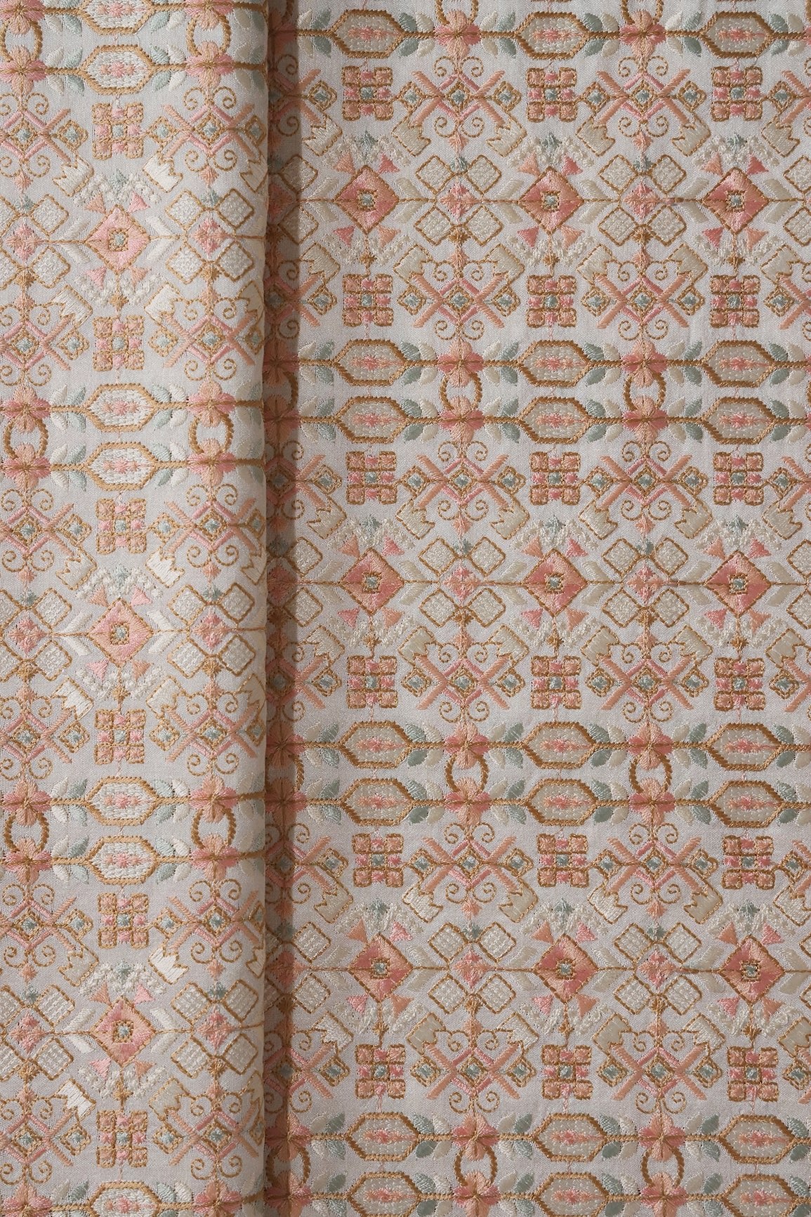 Peach And White Thread With Gold Zari Traditional Embroidery On Off White Raw Silk Fabric - doeraa