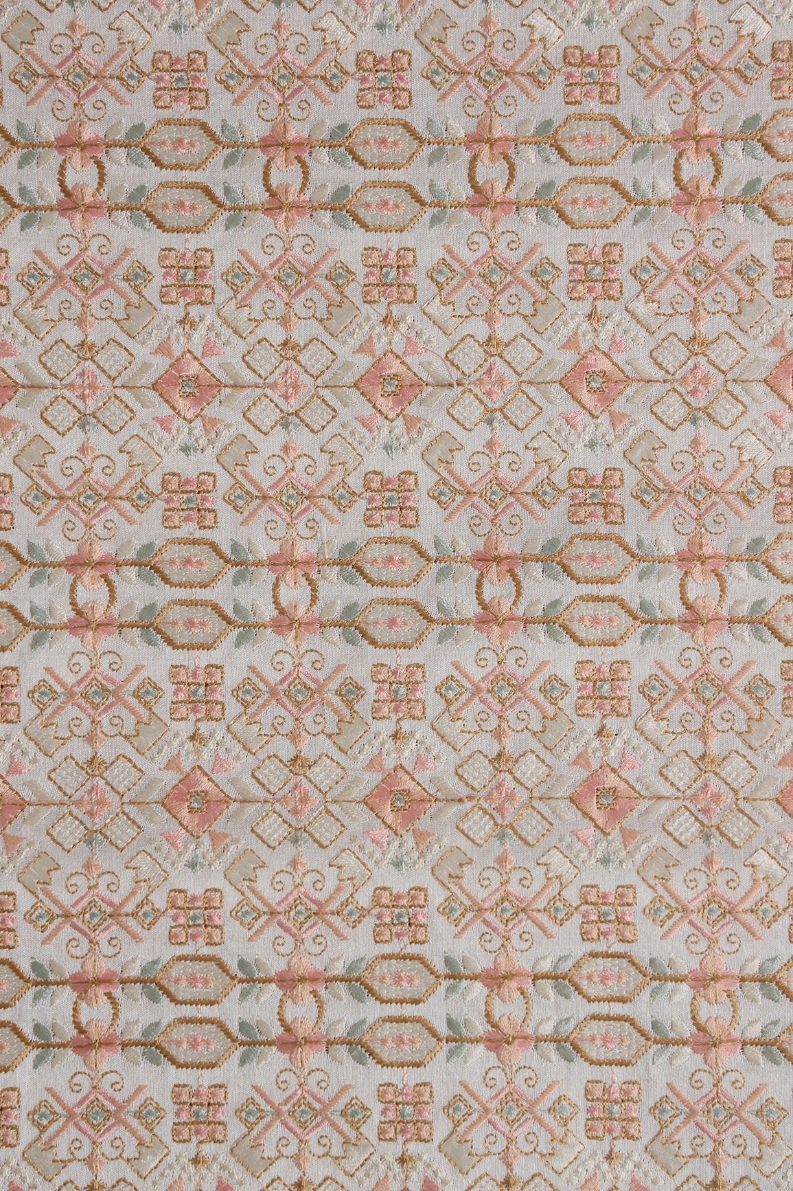 Peach And White Thread With Gold Zari Traditional Embroidery On Off White Raw Silk Fabric - doeraa