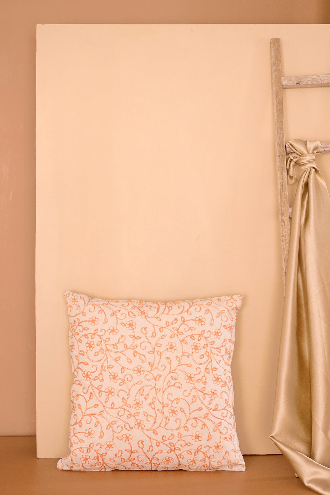 Peach Colour Floral Embroidery on Off White cotton Cushion Cover (16*16 inches) - doeraa