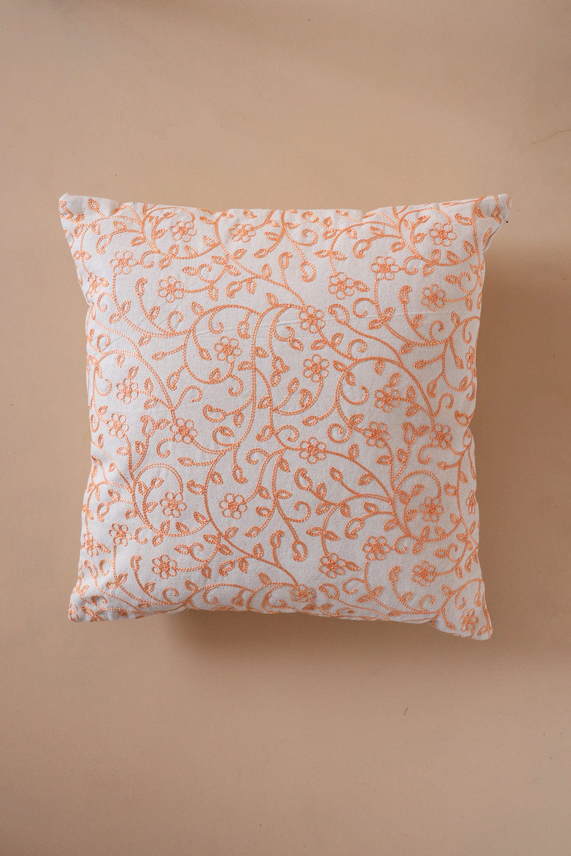 Peach Colour Floral Embroidery on Off White cotton Cushion Cover (16*16 inches) - doeraa
