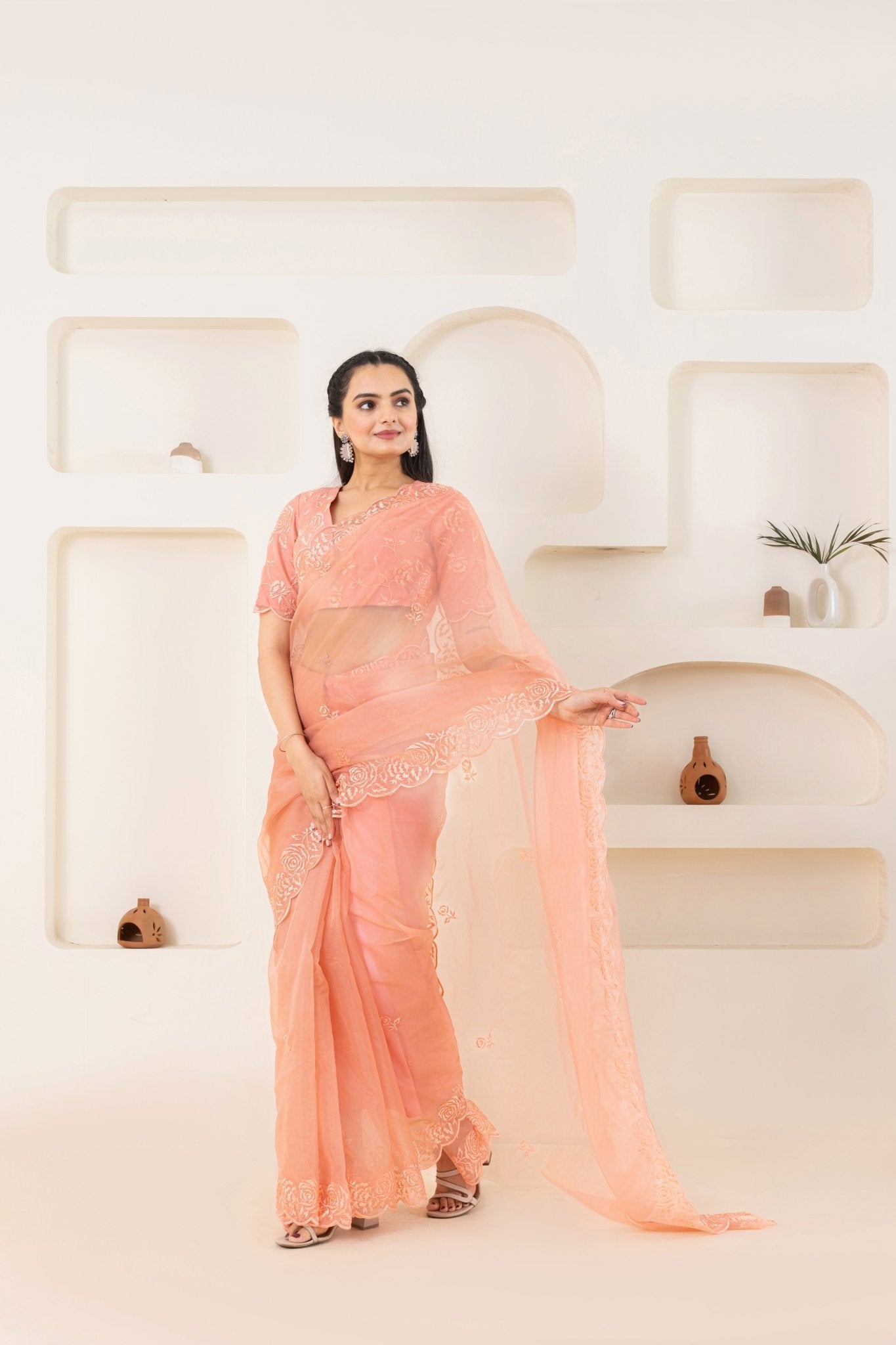 Peach Embroidery Saree Set (Saree With Blouse Piece) - doeraa
