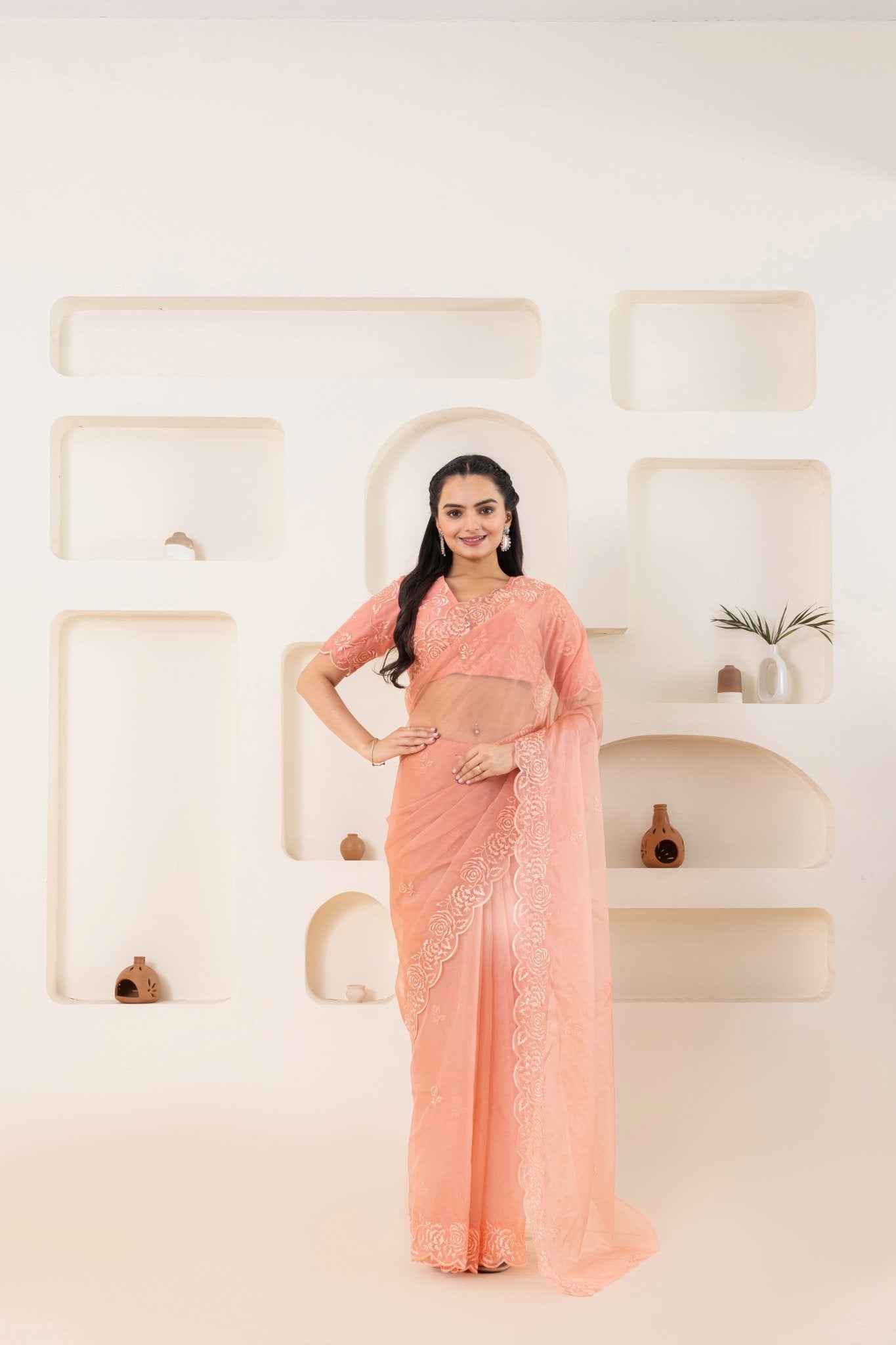 Peach Embroidery Saree Set (Saree With Blouse Piece) - doeraa